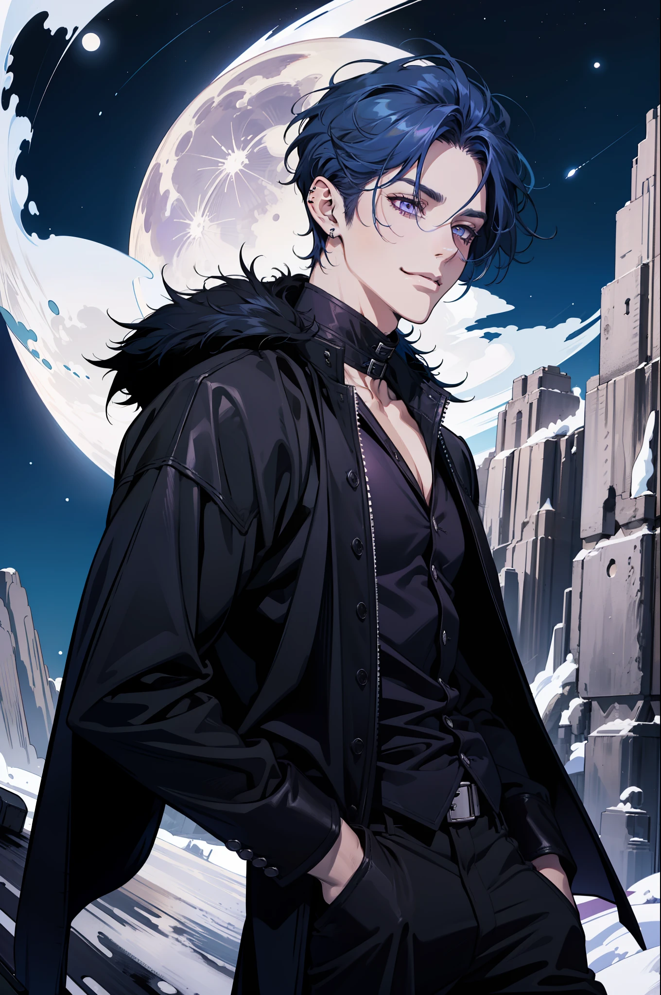 (absurdres, highres, ultra detailed), 1man, 30 years old man, adult man, handsome, tall, finely detailed eyes and detailed face, leather pants, (((black clothes))), night, smile, dutch angle, ((short hair, blue hair)), moon, silver details, gothic, incubus, simple clothes, looking at the view, pale skin, purple detailed eyes, (masculine), (((long bangs))), detailed hands, (((purple eyes))), (bad boy), (muscles), smirk, defined muscles, braid, ((angular face, masculine face)), elf ears, piercings in ears, ((black furr coat)), attractive man