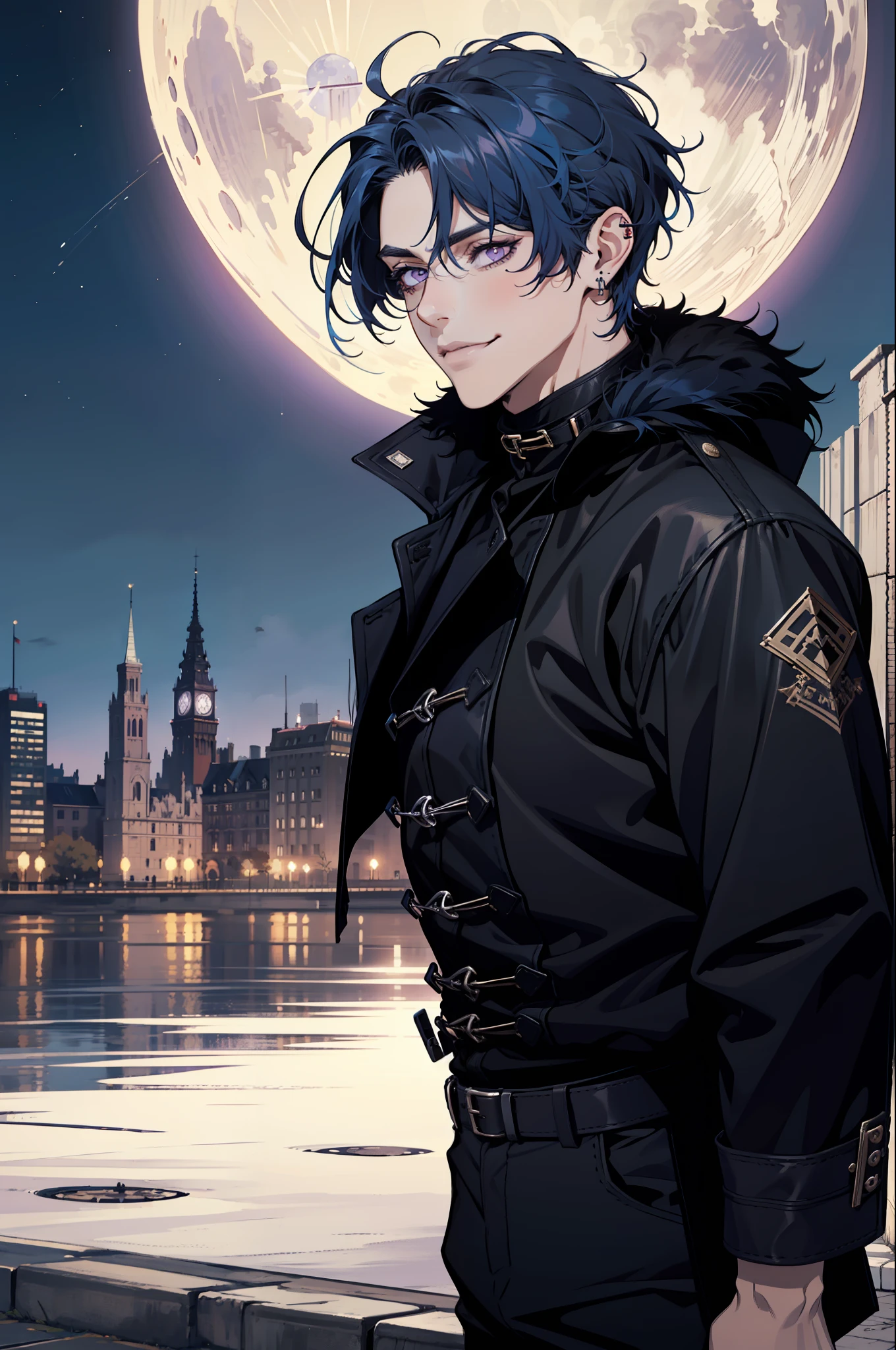 (absurdres, highres, ultra detailed), 1man, 30 years old man, adult man, handsome, tall, finely detailed eyes and detailed face, leather pants, (((black clothes))), night, smile, dutch angle, ((short hair, blue hair)), moon, silver details, gothic, incubus, simple clothes, looking at the view, pale skin, purple detailed eyes, (masculine), (((long bangs))), detailed hands, (((purple eyes))), (bad boy), (muscles), smirk, defined muscles, braid, ((angular face, masculine face)), elf ears, piercings in ears, ((black furr coat)), attractive man