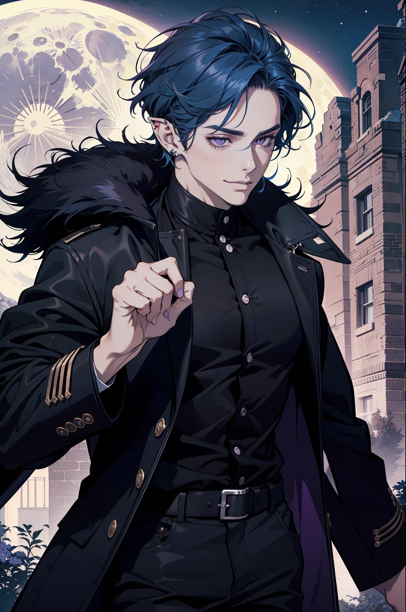 (absurdres, highres, ultra detailed), 1man, 30 years old man, adult man, handsome, tall, finely detailed eyes and detailed face, leather pants, (((black clothes))), night, smile, dutch angle, ((short hair, blue hair)), moon, silver details, gothic, incubus, simple clothes, looking at the view, pale skin, purple detailed eyes, (masculine), (((long bangs))), detailed hands, (((purple eyes))), (bad boy), (muscles), smirk, defined muscles, braid, ((angular face, masculine face)), elf ears, piercings in ears, ((black furr coat)), attractive man