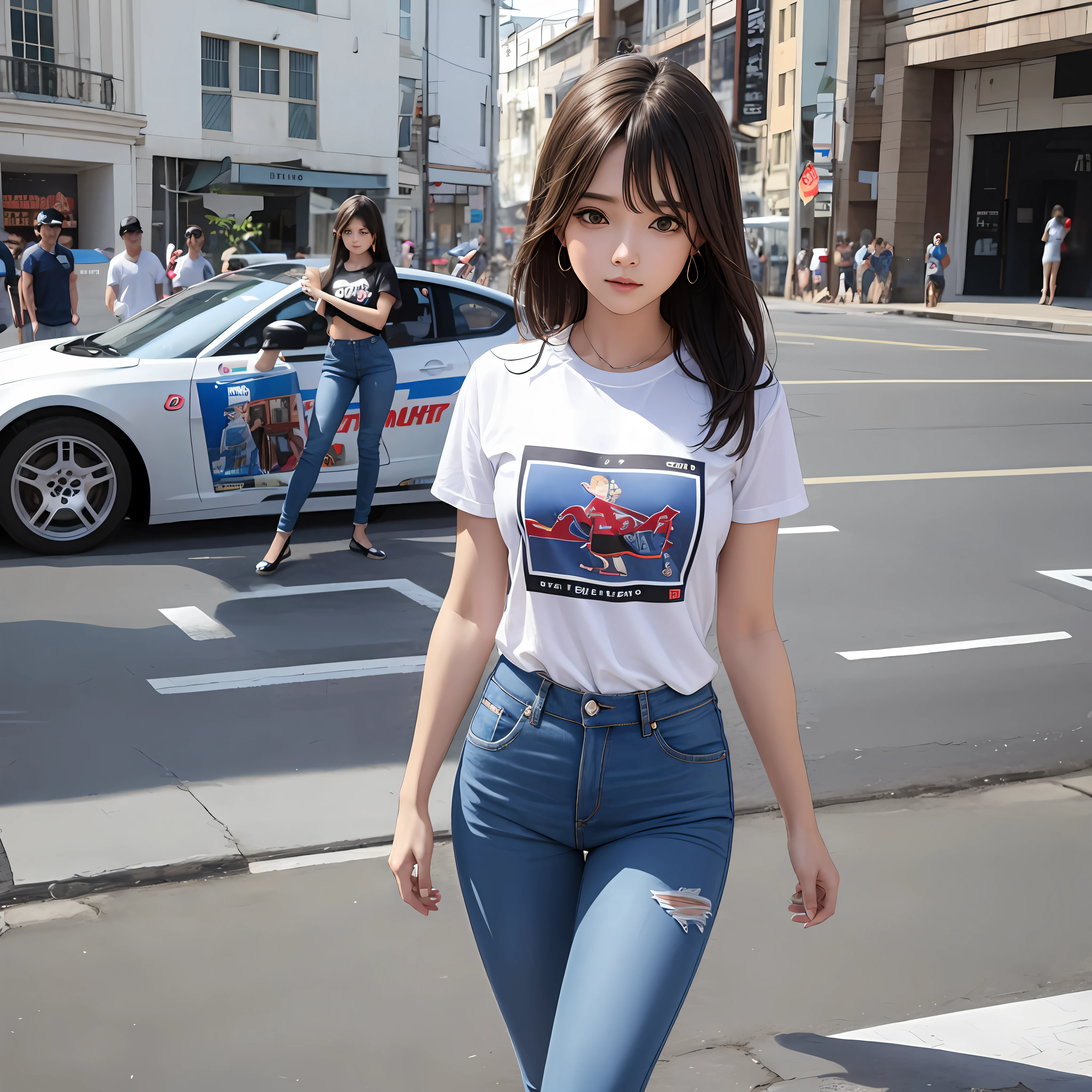 tee shirt，denim pant，Royal sister face，Loli figure，In racing， --auto