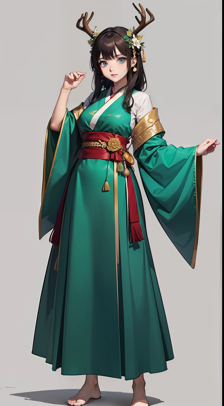 ((Hands of Guido Daniele))(deer antlers)((ru_qun))),best_quality,(((anime big breast))),heads,original_outfit,Hanfu,Clear details,tmasterpiece,best_quality,Clear details,1 rapariga,Green clothes,Detailed skin texture,Detailed cloth texture,beautiful detailed face,ultra - detailed,Photorealsitic,whaite hair,Clear pupils,eBlue eyes,Clear face,Green clothes,full bodyesbian,No shoes