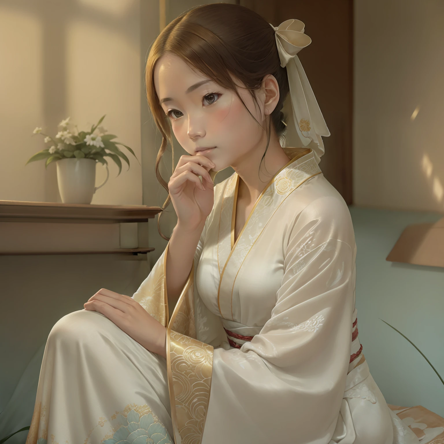 A captivating image capturing the elegant yet contemplative kimono worn by the character's beautiful woman, who will become her mother-in-law. The kimono's flowing designs are embellished with delicate details, such as intricate embroidery, and a matching set of shoes. The warm, golden light from a wide aperture highlights the soft, natural light filtering through the kimono, emphasizing the soft, luminous tones of the scene. shallow depth of field, natural light, studio ghibli style