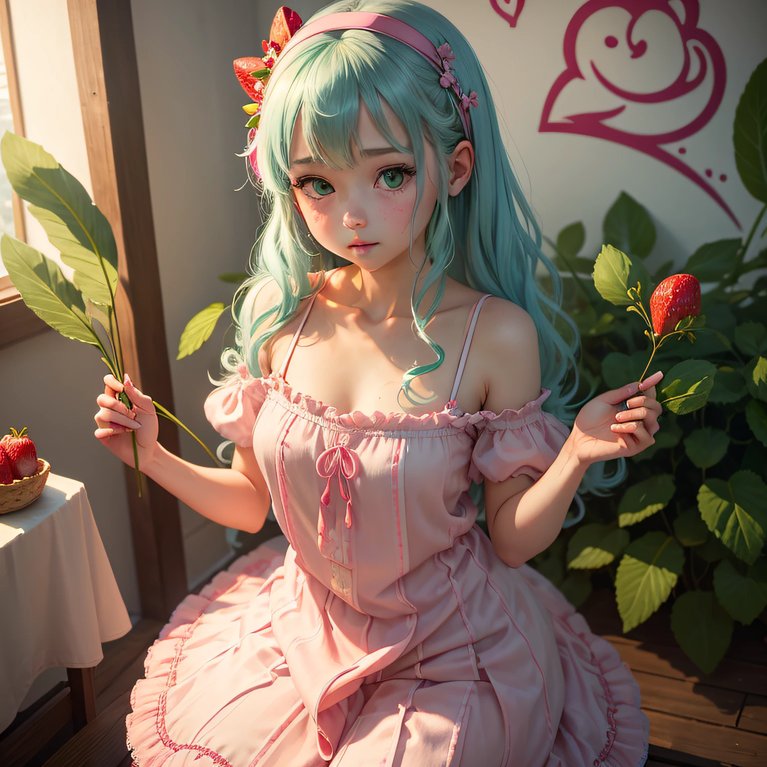 Beautiful avatar: Hand drawn strawberry girl | The technique is soft | ultra HD textures | Unruly framework | Vertical painting simplified and traditional conversion | largeeyes,dual horsetail,babyfat | Strawberry slip dress,Cherry blossom hair accessories | Pink class | Graffiti special effects,Girly heart style | Green onions early in the morning,Dye the sun --auto