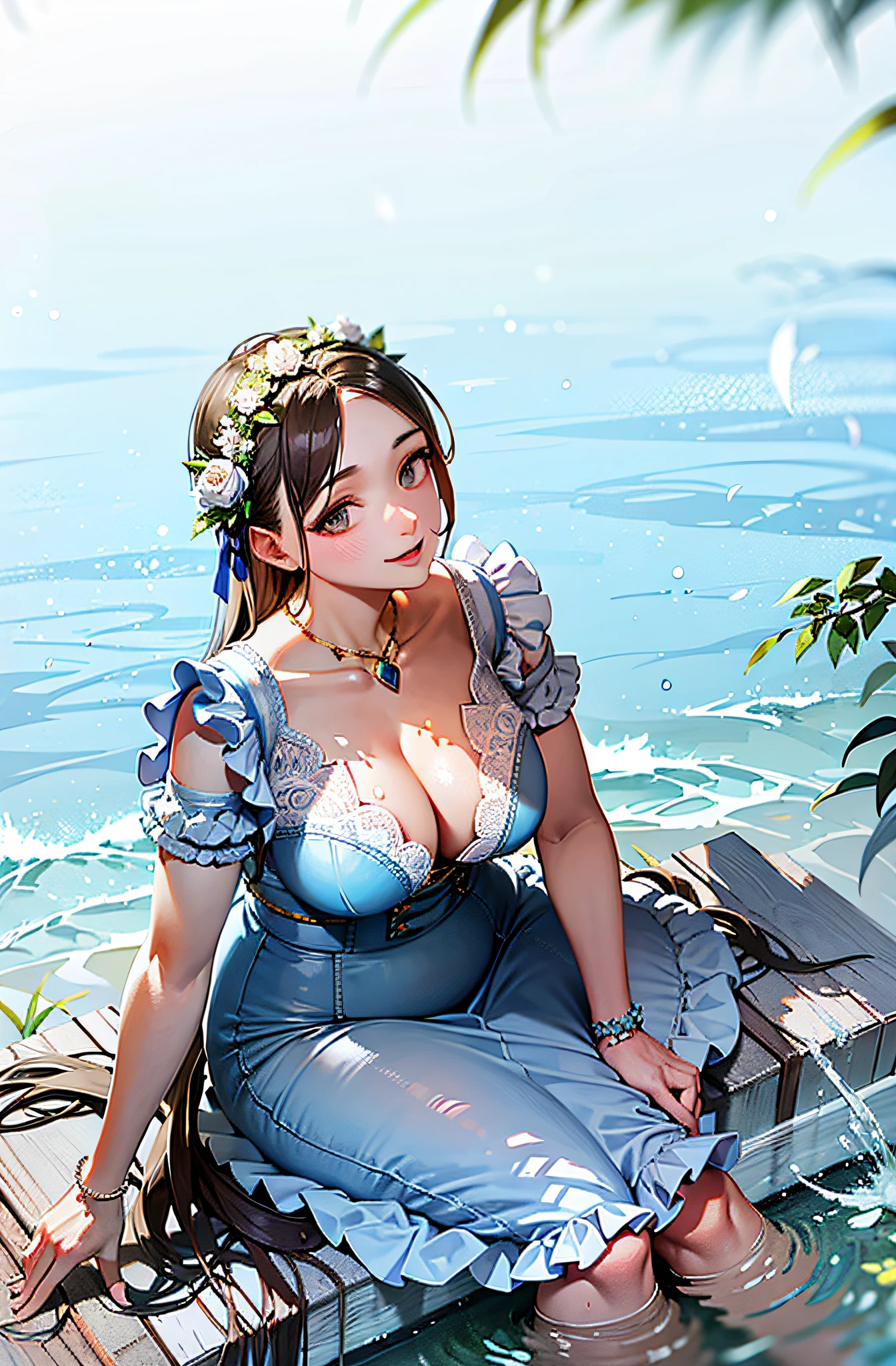 Detailed，looks into camera，blue skirts，Garland on the head，Sit by the water，Detailed face，Sexy，Plump posture，Sit by the water