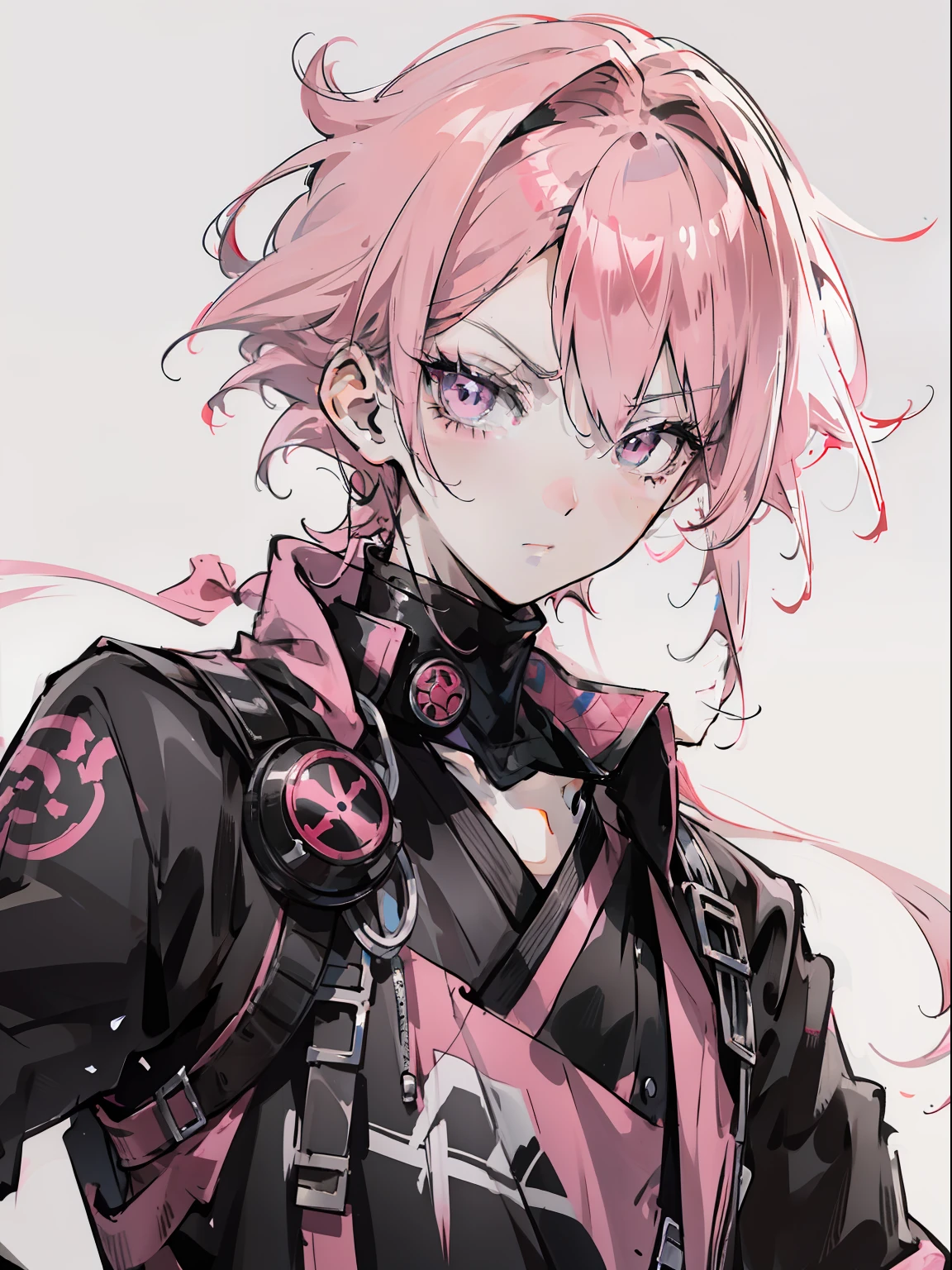 Anime boy pink hair black costume portrait bust, black bandana, grey eyes, best anime, badass anime, male, High quality anime art.