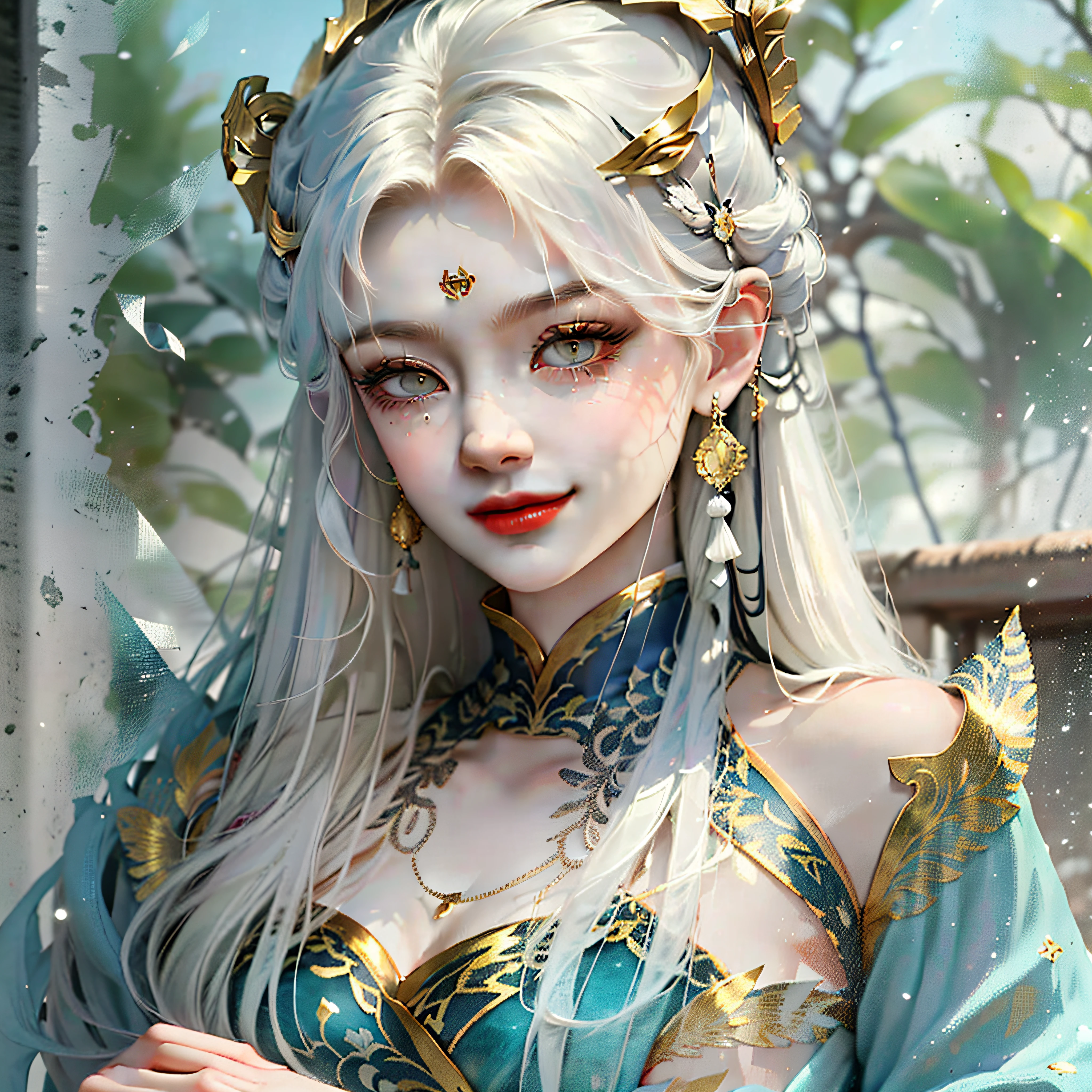 Tilting her head and smiling A woman of eighteen or nineteen years  slightly flattened Her skin is still a little blue and shy There is a very poor cowardly goddess White hair fluttering in the wind Cold girl 【Wu Zetian】  Big breasts, Golden eyes, Ancient Chinese style, Cold Female Emperor movie close-up RTX Light and Shadow