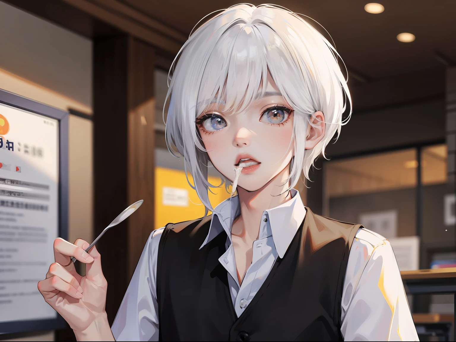 A white-haired boy eats yogurt in his school uniform