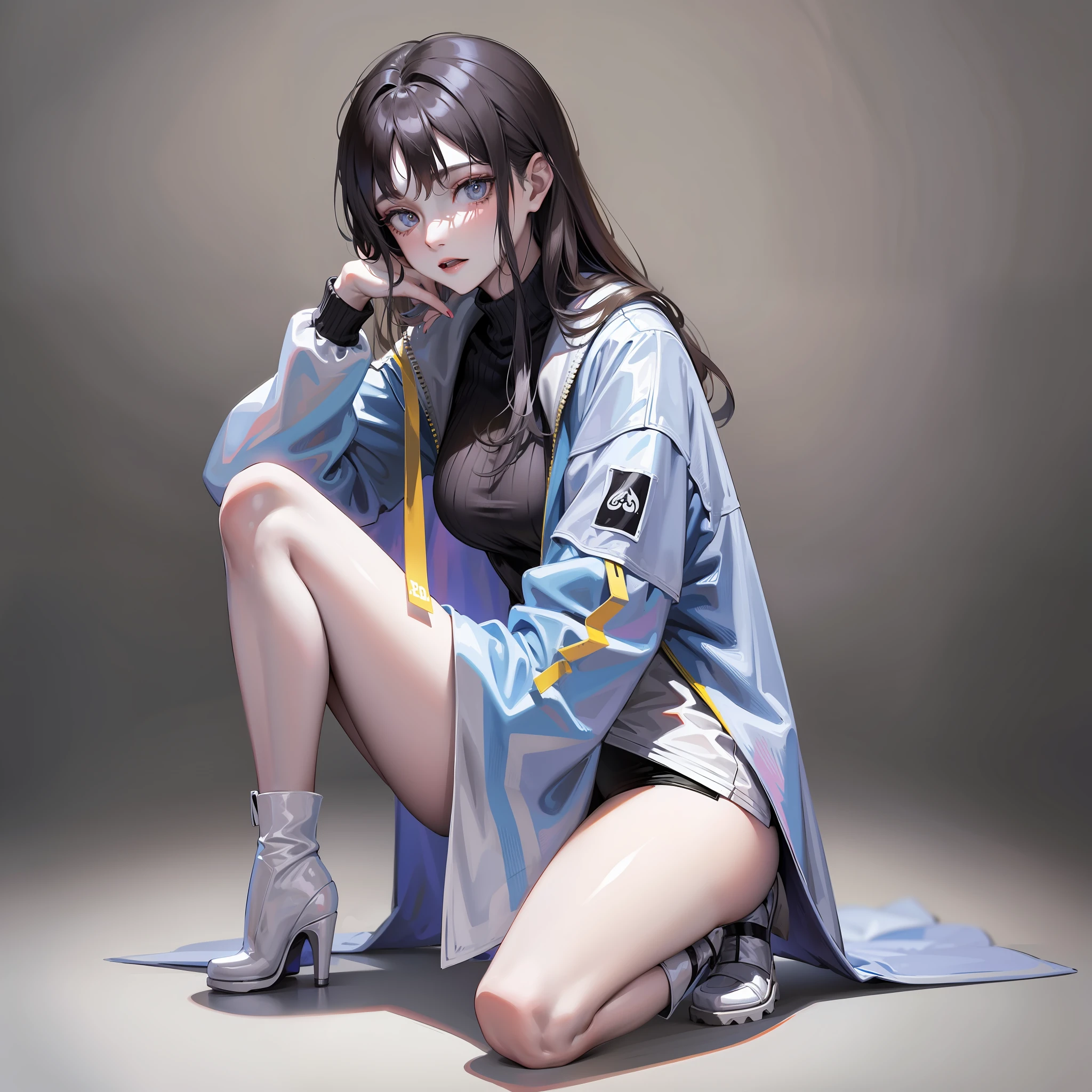 Manteau blanc，white skinned，blacksilk，brunette color hair，full bodyesbian，half squatting