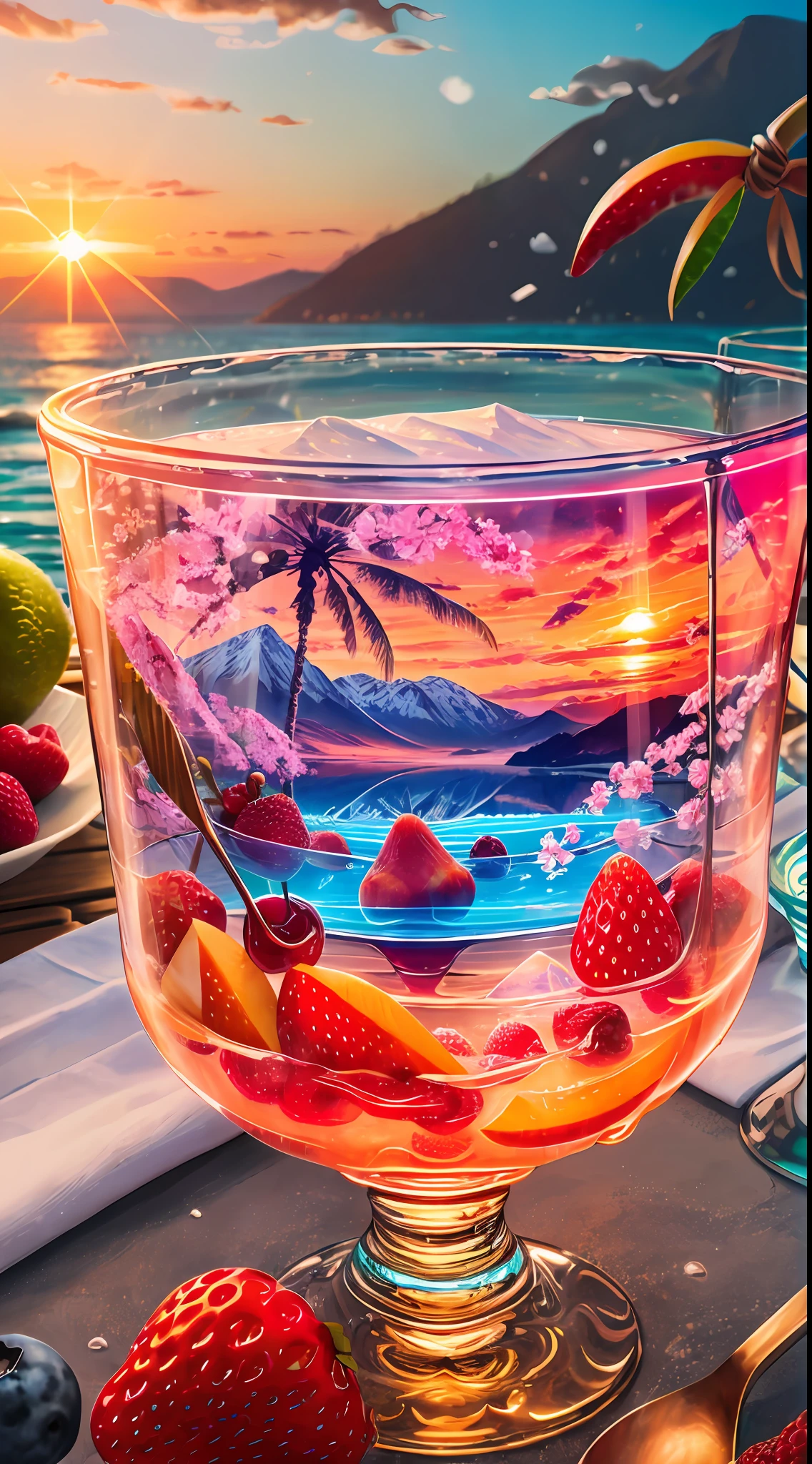 landscape: Sea, mountains, Palm trees, Beach, Magnificent sunrise, rainbow, Colorful, Faceted glass, crystal, mother-of-pearl shimmers, Multicolored, Different, Berry yogurt, CocktailWorld, scenery, landscape, Street, Depth of field , ((blurred background)), Masterpiece, Best Quality, ultra detail, (((Multi-layered jelly))) glass, stained glass windows, tmasterpiece, Top Quality, Experience, Chic, a gold, utensil, kettle, a cup, plate, Ice crystals, with floral print,1 cup milk yogurt) 1 teaspoon vanilla extract of your choice, Chopped fresh fruits (For example, strawberries, kiwi, mango, blackberry, raspberry, cherry, carambola, blueberries, etc.) Marengo, Epoxy