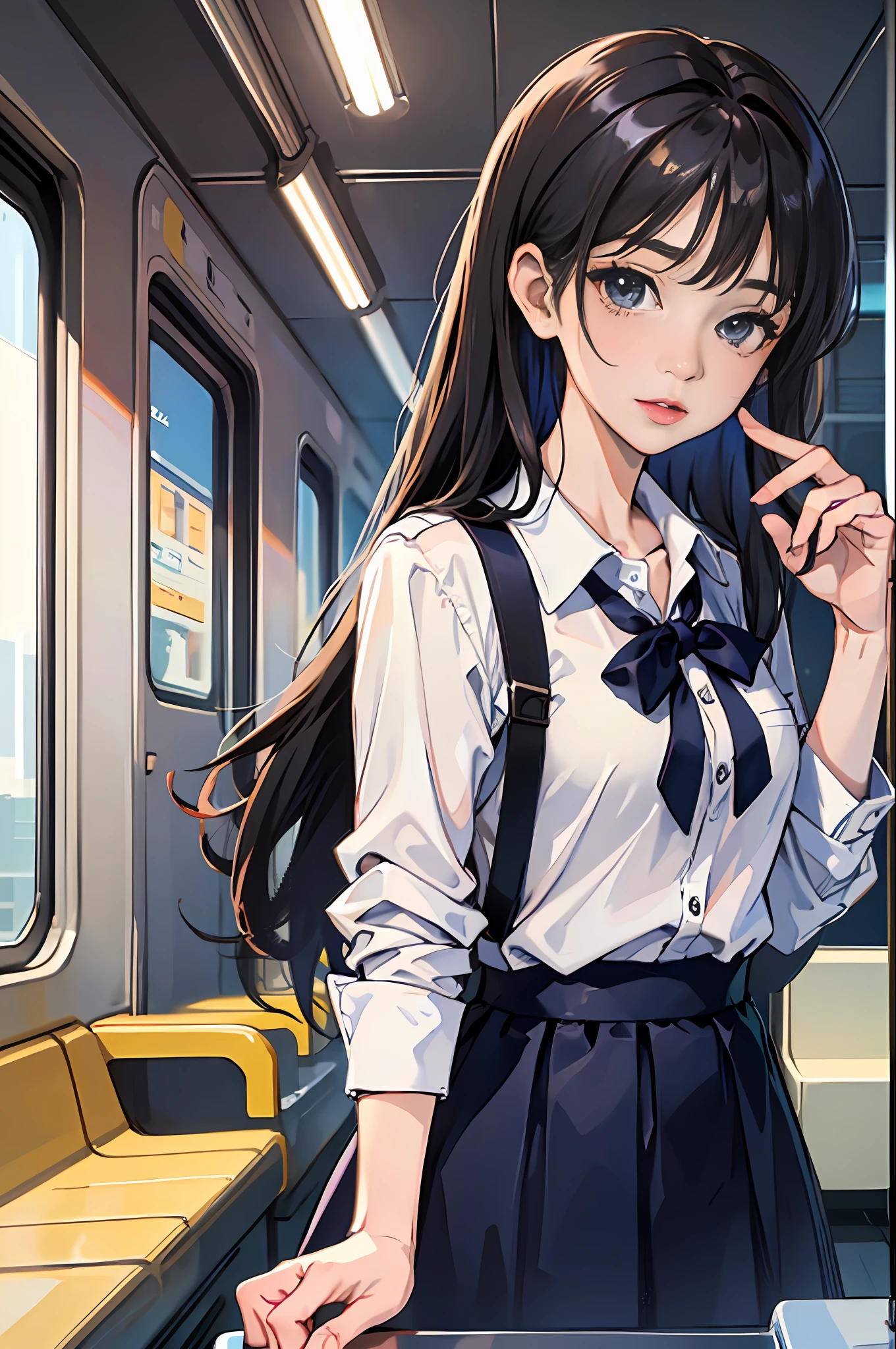 (masterpiece, side-lighting, ultra-detailed, finely detailed beautiful eyes: 1.2), 1girl, extremely cute and beautiful, school girl outfit, white collard shirt, navy knee-length long skirt, long hair, black hair, solo, train, train interior, upper body, Masterpiece, best quality, concept art by kyoto animation, ufotable style, anime screen cap,