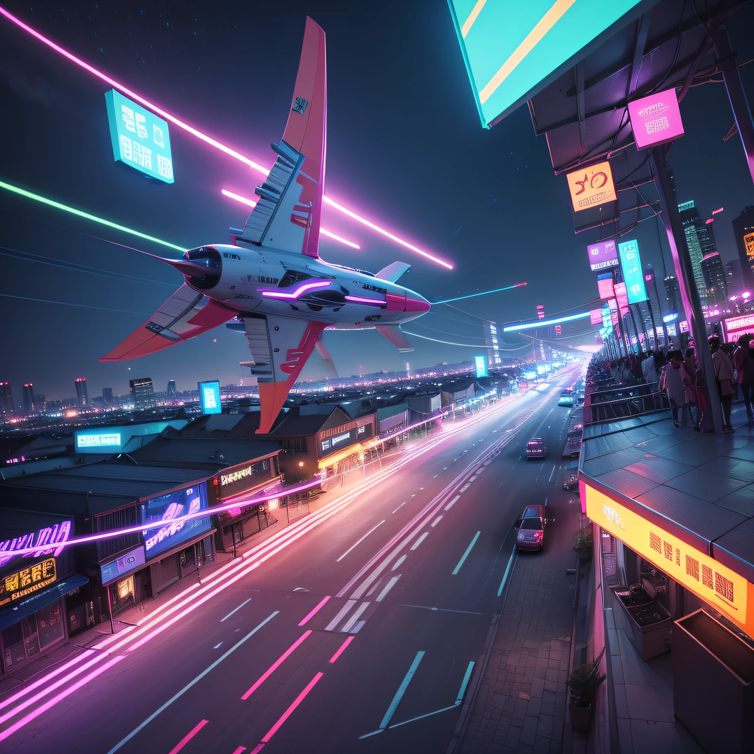 Neon Street、A mix of the 1980s and the near future、Top image quality、Flying objects、natta、Scenery seen from the sky、