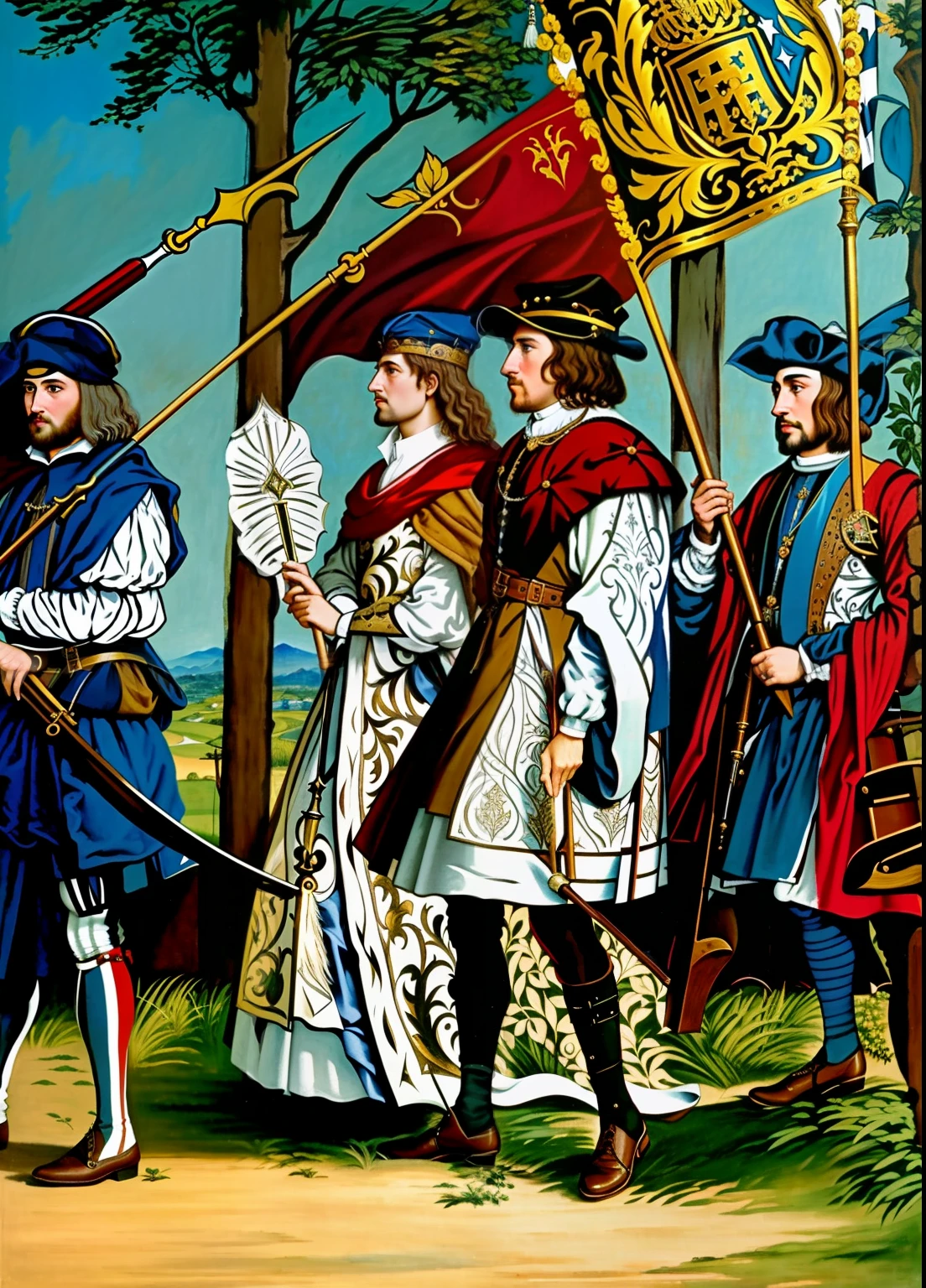 A painting of a group of men in medieval costume holding a flag, Inspired by Albrecht Altdorf, Medieval illustration, Inspired by Hans Holbein the Younger, very detailed medieval, dressed in medieval clothes, sqare-jawed in medieval clothing, Renaissance painting, Inspired by Ambrosius Holbein, Renaissance costumes, dressed in medieval clothes, medieval clothing, opulent, tmasterpiece