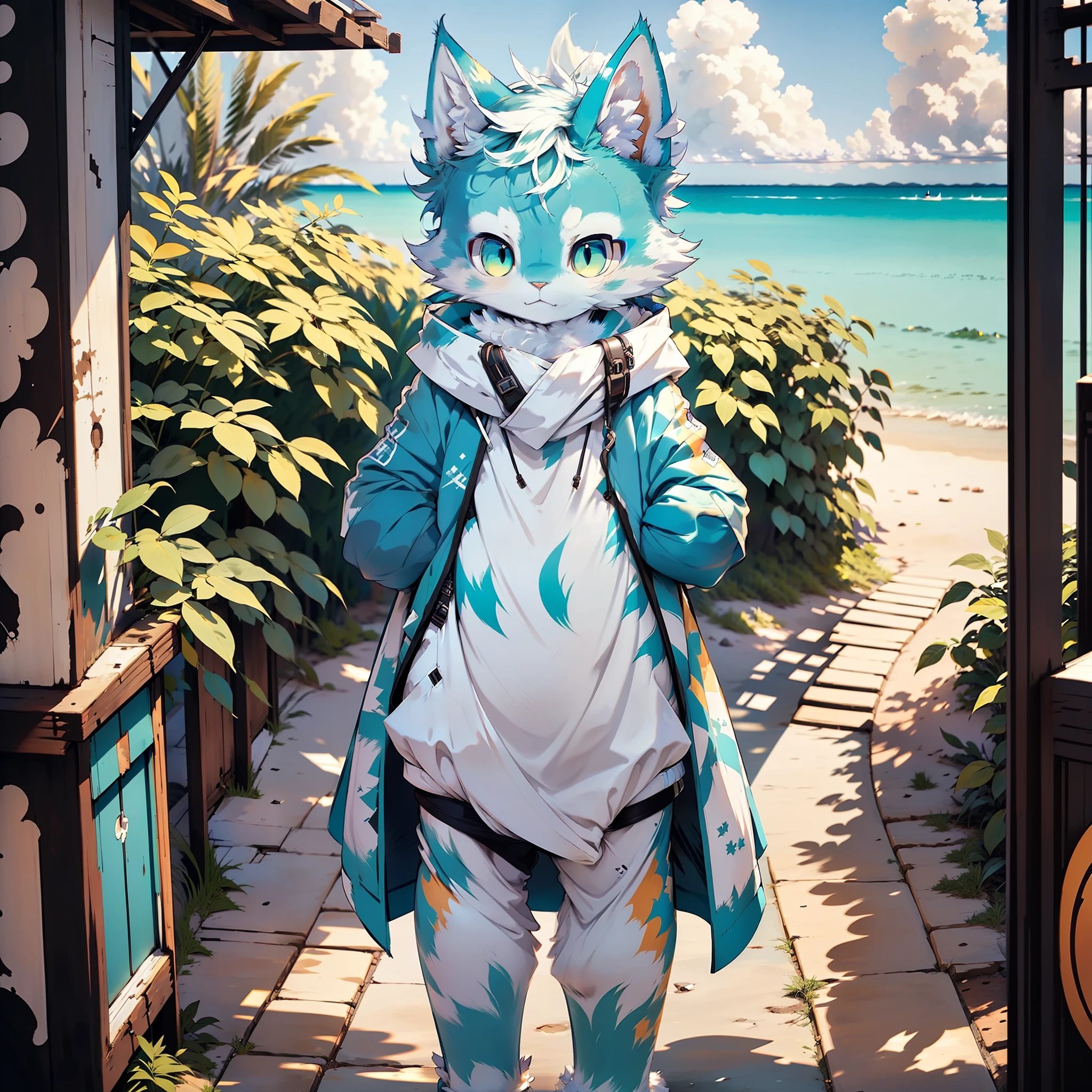 Shota the cat ear who is one meter and five meters tall,Bluish white fur,Cyan eyes,Extremely cute,Puffed panties,Standing by the beach