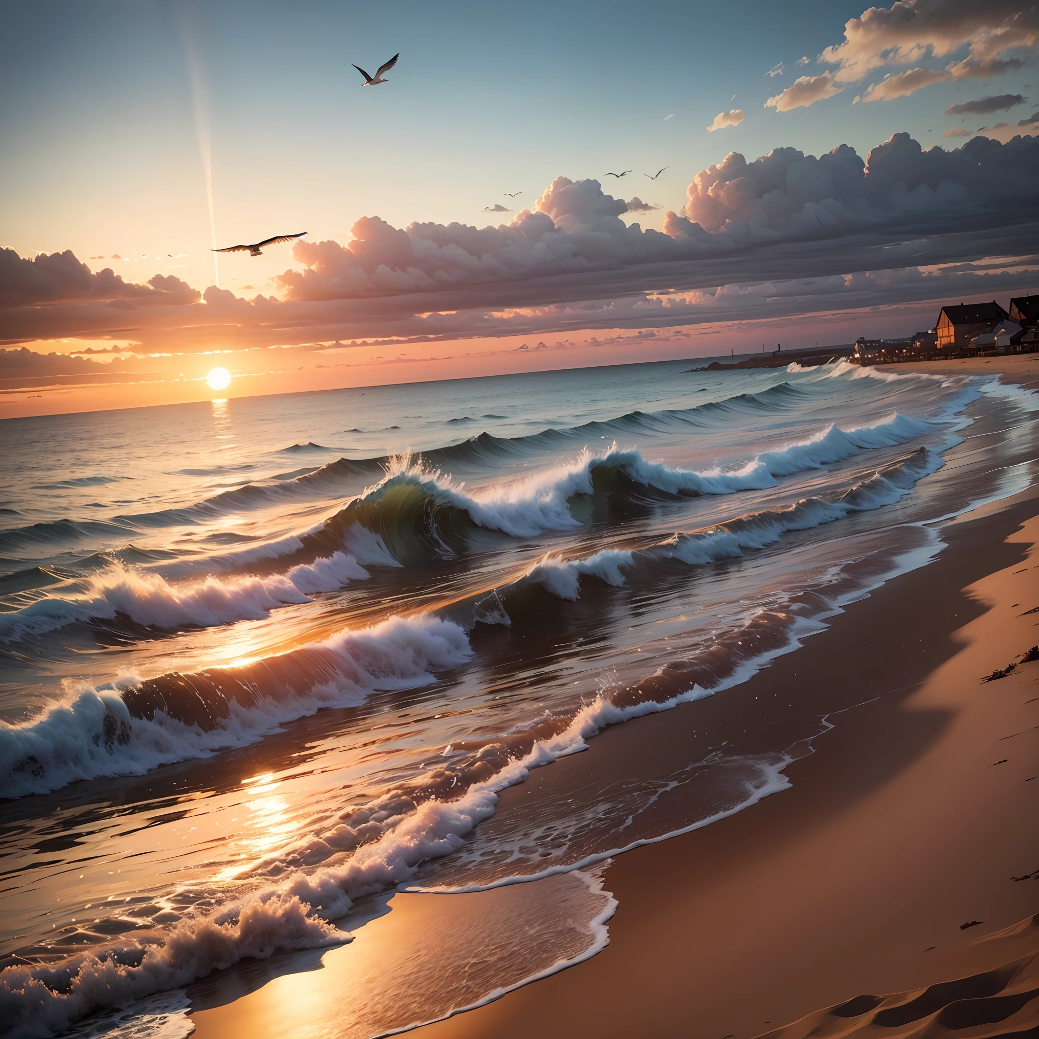 beachside，the setting sun，evening light，swell sea，seagulls， --auto