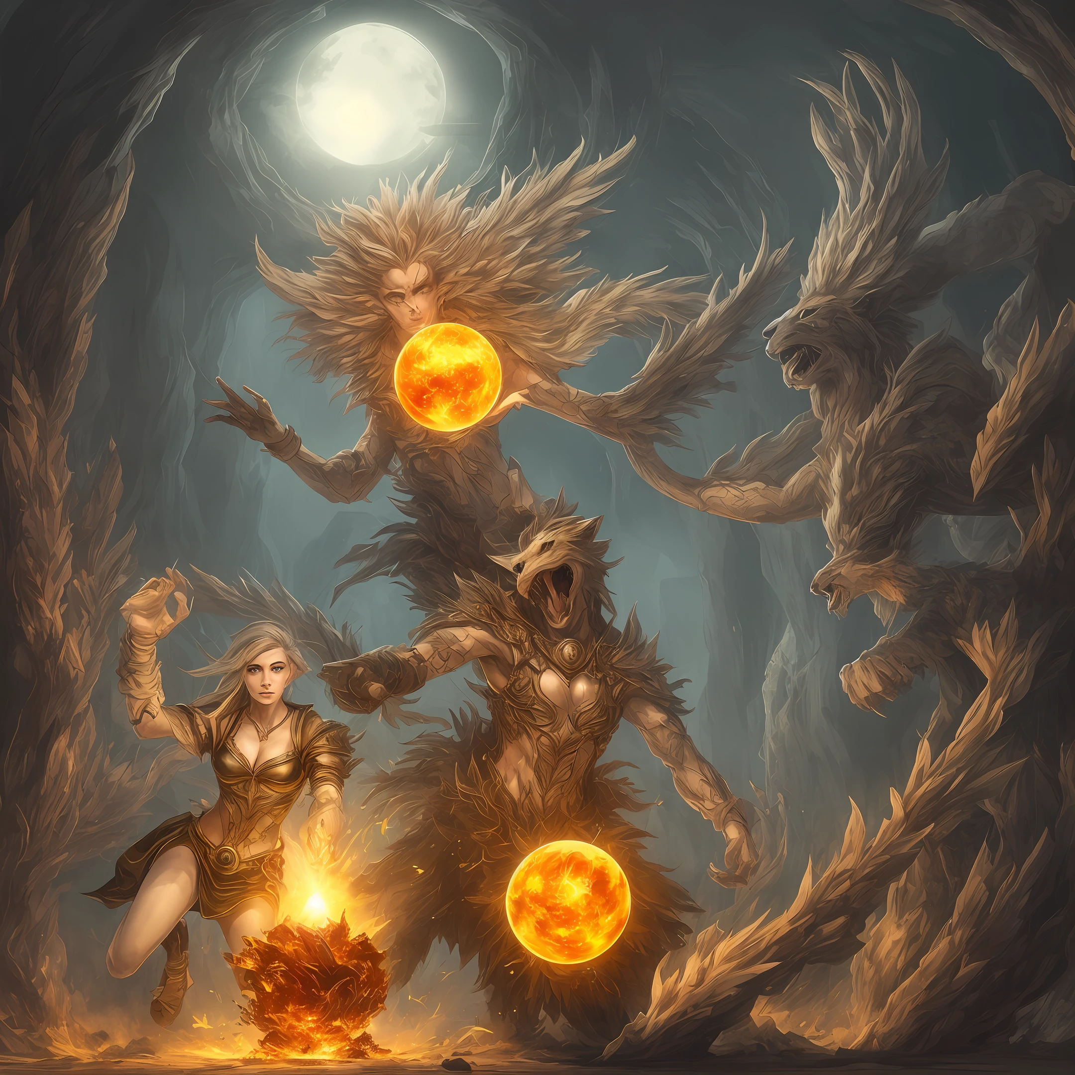 Inside a castle of glass there is A cube covered in feathers being held by a lion, a triangle convered in dust being held by a harpie and a sphere covered in living magma being held by a woman elf