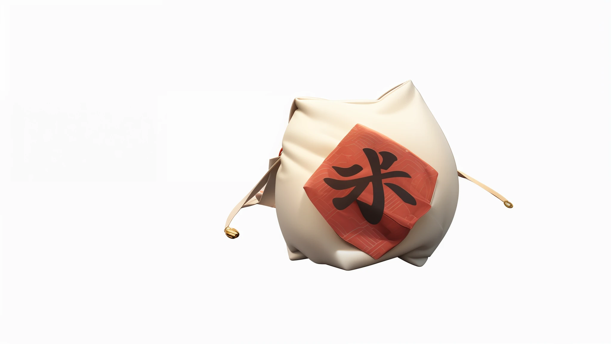 A white bag of rice，It has a red and black design on it, 3D model of a Japanese mascot, The Chinese characters, momoshiki ōtsutsuki, Title kanji,  with white kanji insignias, onmyoji, Game projects, white backgrounid