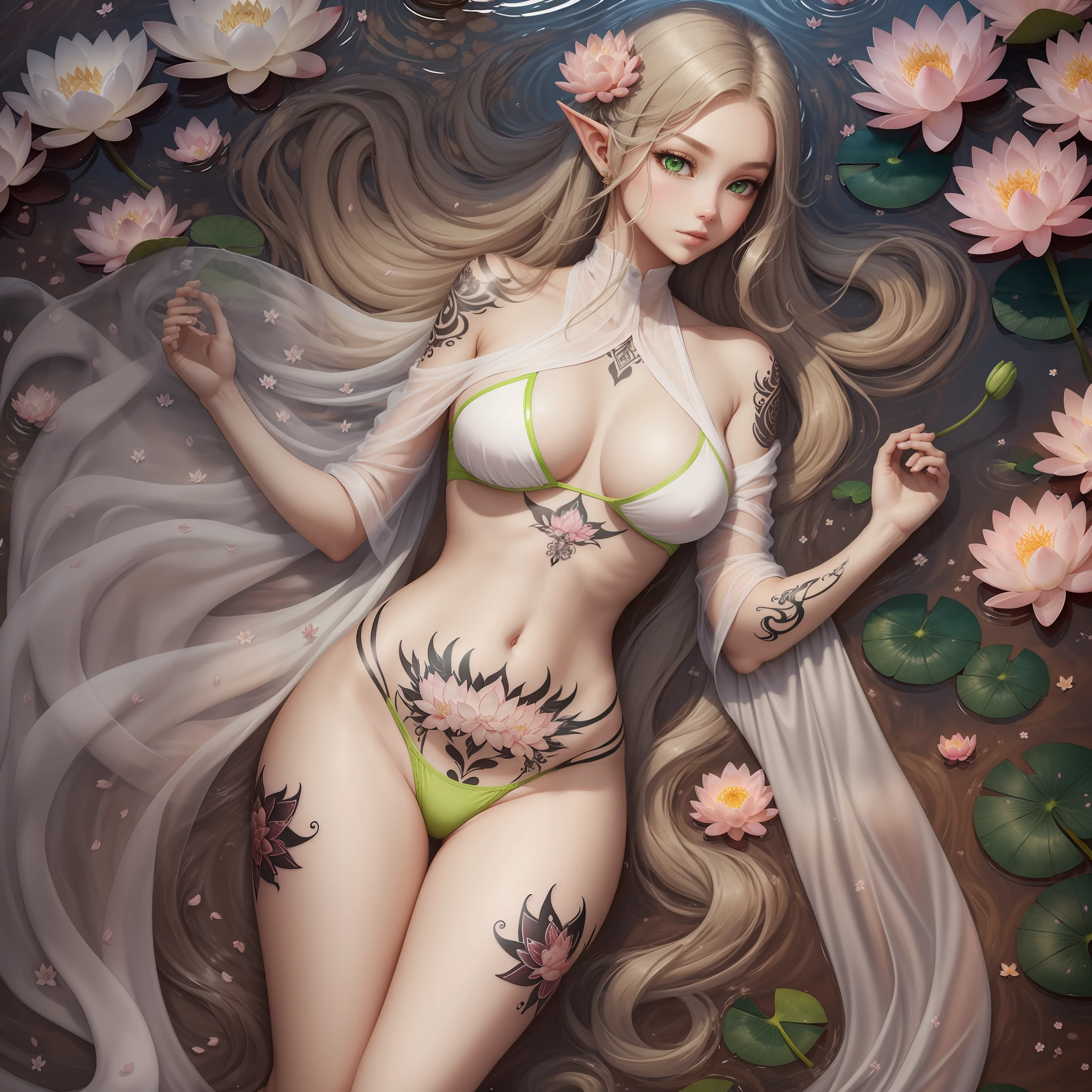 White elf tattoo,There is a big fluorescent green lotus tattoo on the chest,The clothes are ultra-thin and ultra-transparent,bathing,Long legs,Barefoot,whaite hair,Long hair,Single horsetail,Face straight ahead,Open crotch clothing,The chest is extra-large,Raised D cups,nakeness,The top cloth strip is bare,Cherry blossoms with phosphor tattooed on the big belly,Obscene lines