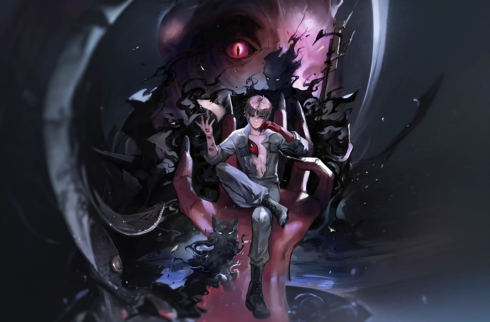 Photos taken from a video game show a man sitting on a giant octopus, the former demon king, An anime cover, junji ito 4 k, kaneki ken, gapmoe yandere grimdark, kaneki ken, king of hell, Chainsaw man, king of hell, Tokyo Ghoul, ruler of the demons, he's very menacing and evil