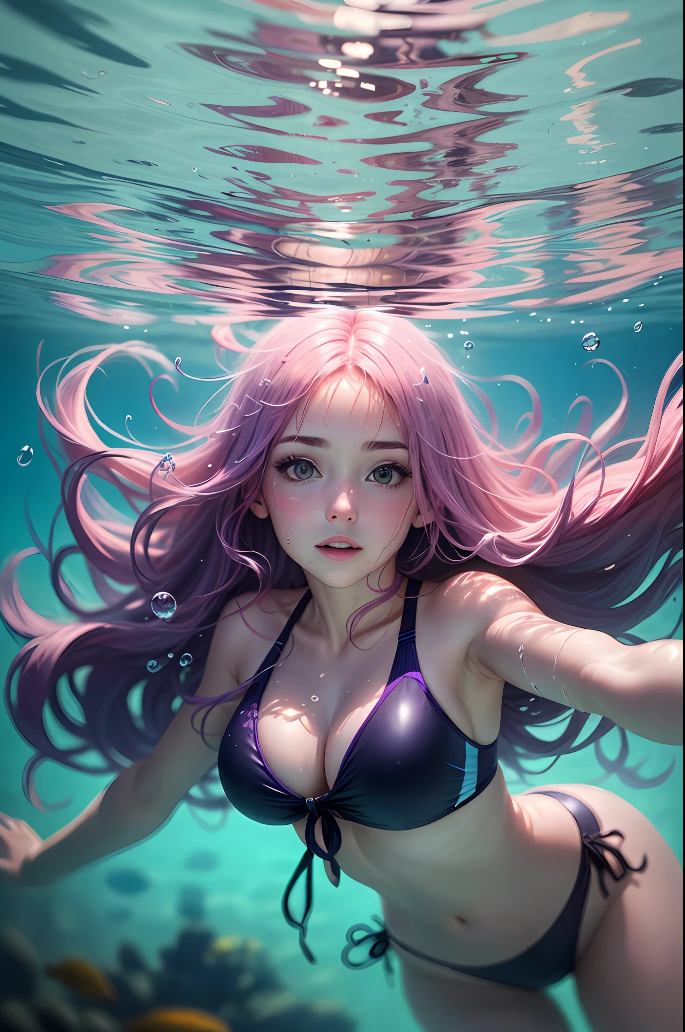 Girl with pink hair, Completely in water, under water, Scuba diving, in a purple swimsuit with ties, Long flowing hair of light color, Underwater photography, taking selfies, Blue clear water, light reflections, sun glare,