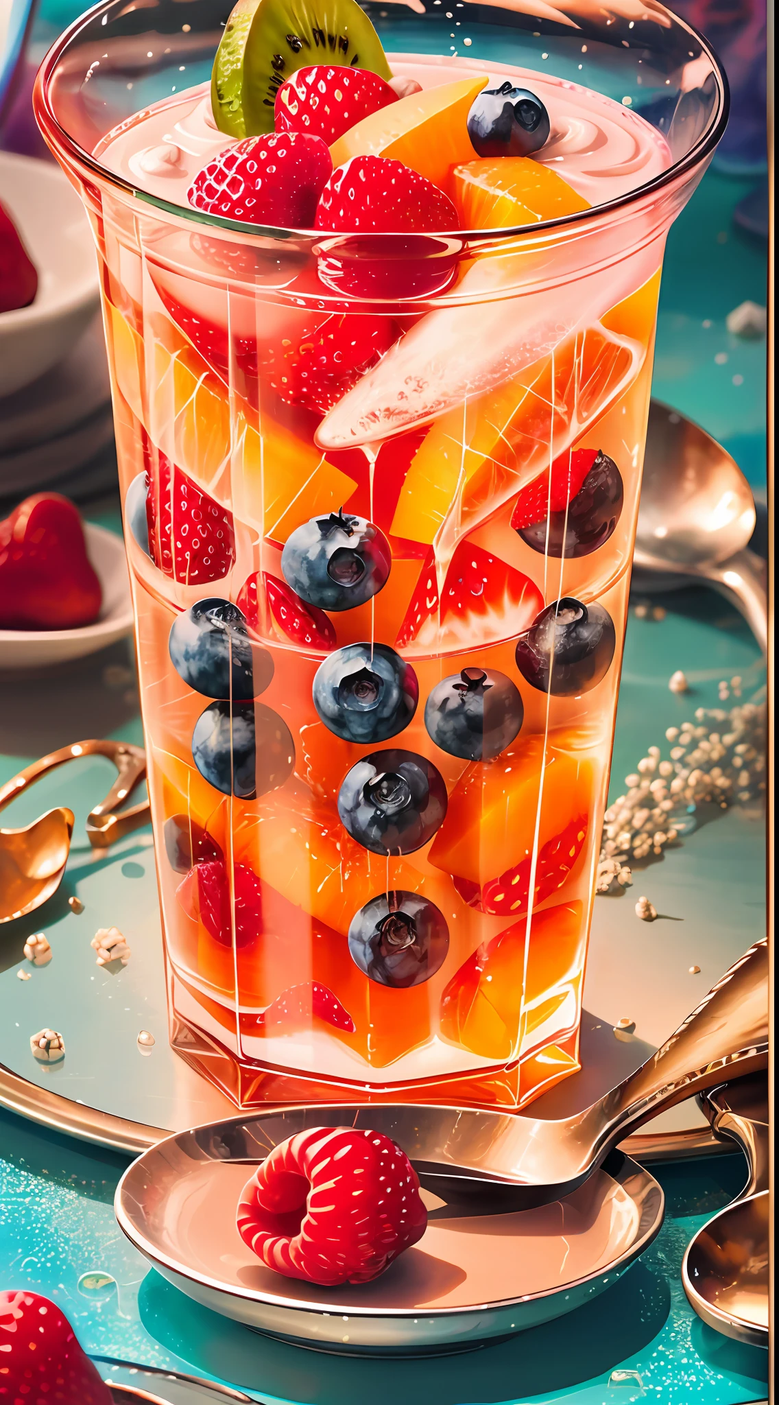 landscape: Sea, mountains, Palm trees, Beach, Magnificent sunrise, rainbow, Colorful, Faceted glass, crystal, mother-of-pearl shimmers, Multicolored, Different, Berry yogurt, CocktailWorld, scenery, landscape, Street, Depth of field , ((blurred background)), Masterpiece, Best Quality, ultra detail, (((Multi-layered jelly))) glass, stained glass windows, tmasterpiece, Top Quality, Experience, Chic, a gold, utensil, kettle, a cup, plate, Ice crystals, with floral print,1 cup milk yogurt) 1 teaspoon vanilla extract of your choice, Chopped fresh fruits (For example, strawberries, kiwi, mango, blackberry, raspberry, cherry, carambola, blueberries, etc.) Marengo, Epoxy