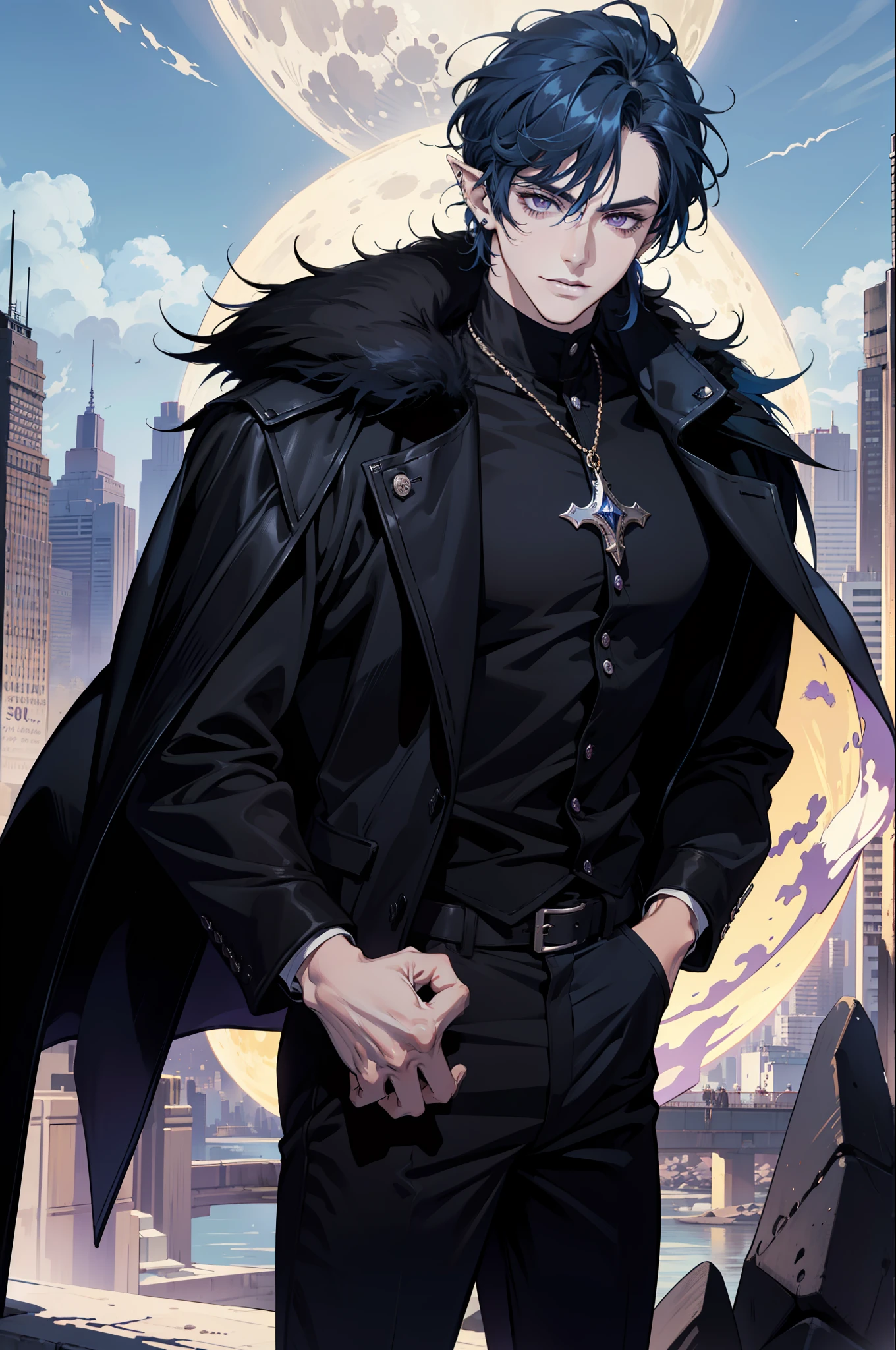 (absurdres, highres, ultra detailed), 1man, 30 years old man, adult man, handsome, tall, finely detailed eyes and detailed face, leather pants, (((black clothes))), night, smile, dutch angle, ((short hair, blue hair)), moon, silver details, gothic, incubus, simple clothes, looking at the view, pale skin, purple detailed eyes, (masculine), (((long bangs))), detailed hands, (((purple eyes))), (bad boy), (muscles), smirk, defined muscles, braid, ((angular face, masculine face)), elf ears, piercings in ears, ((black furr coat)), attractive man