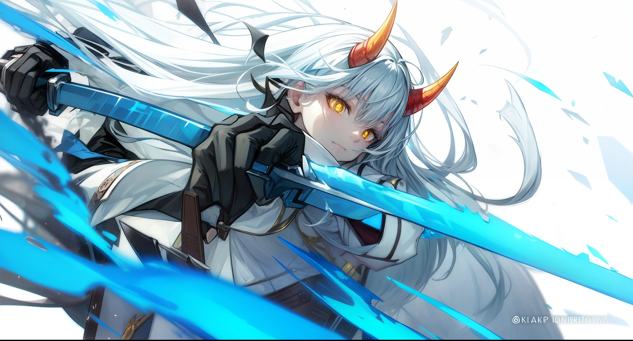 Blue knife,Kizi,Machinary,oni horn,white clothes,Flowing hair,Glowing yellow eyes