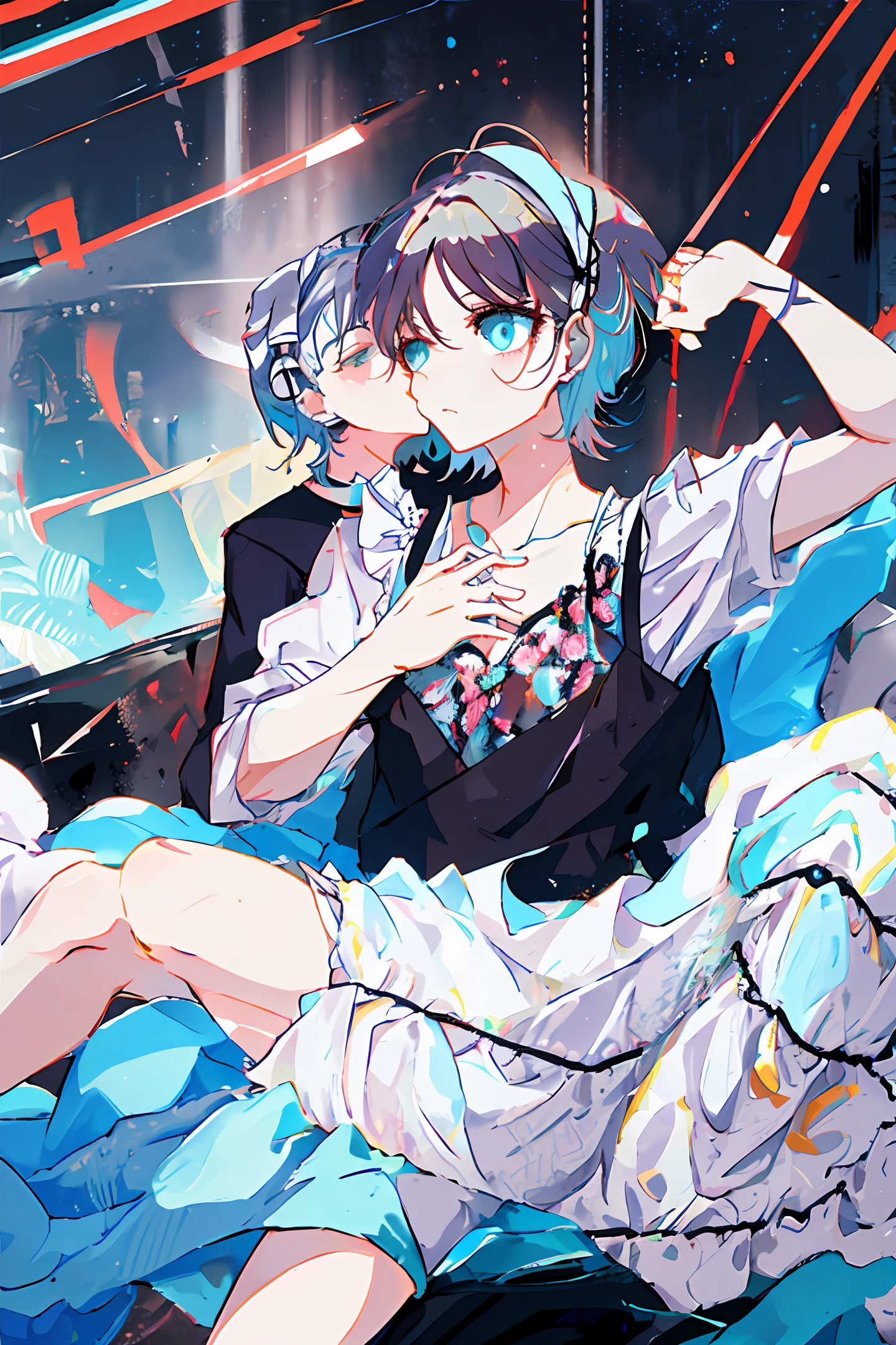 A boy sits on the bed,Bring headphones,In front of him was a maid half-naked kissing the boy,The boy squeezed the maid's chest with his hand, and the maid rolled her eyes,Born unloveable