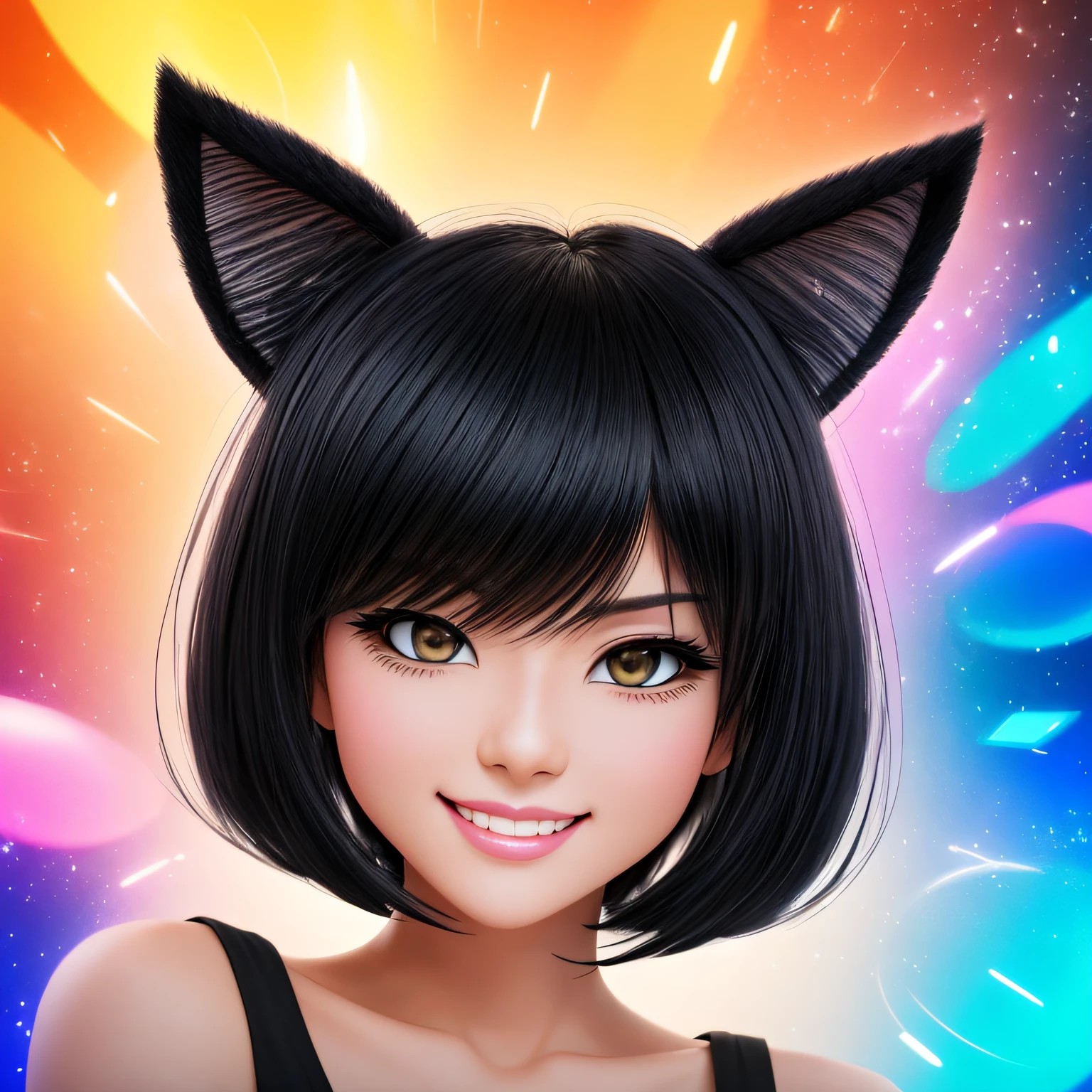 black hair, hair bobbles, wince, longeyelashes, solid circle eyes, fake animal ears, light smile, ear blush, fang, Surrealism, drop shadow, anaglyph, stereogram, tachi-e, pov, atmospheric perspective, 8k, super detail, ccurate, best quality --auto