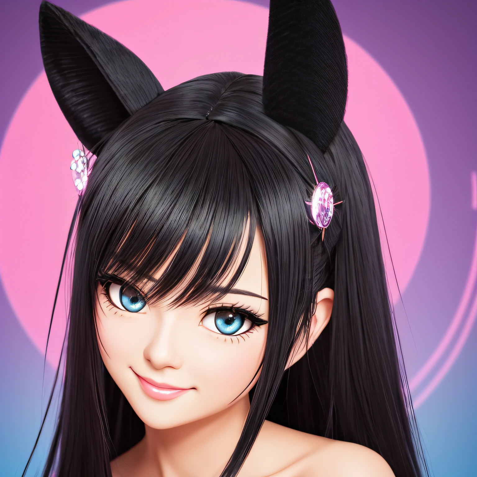 black hair, hair bobbles, wince, longeyelashes, solid circle eyes, fake animal ears, light smile, ear blush, fang, Surrealism, drop shadow, anaglyph, stereogram, tachi-e, pov, atmospheric perspective, 8k, super detail, ccurate, best quality --auto