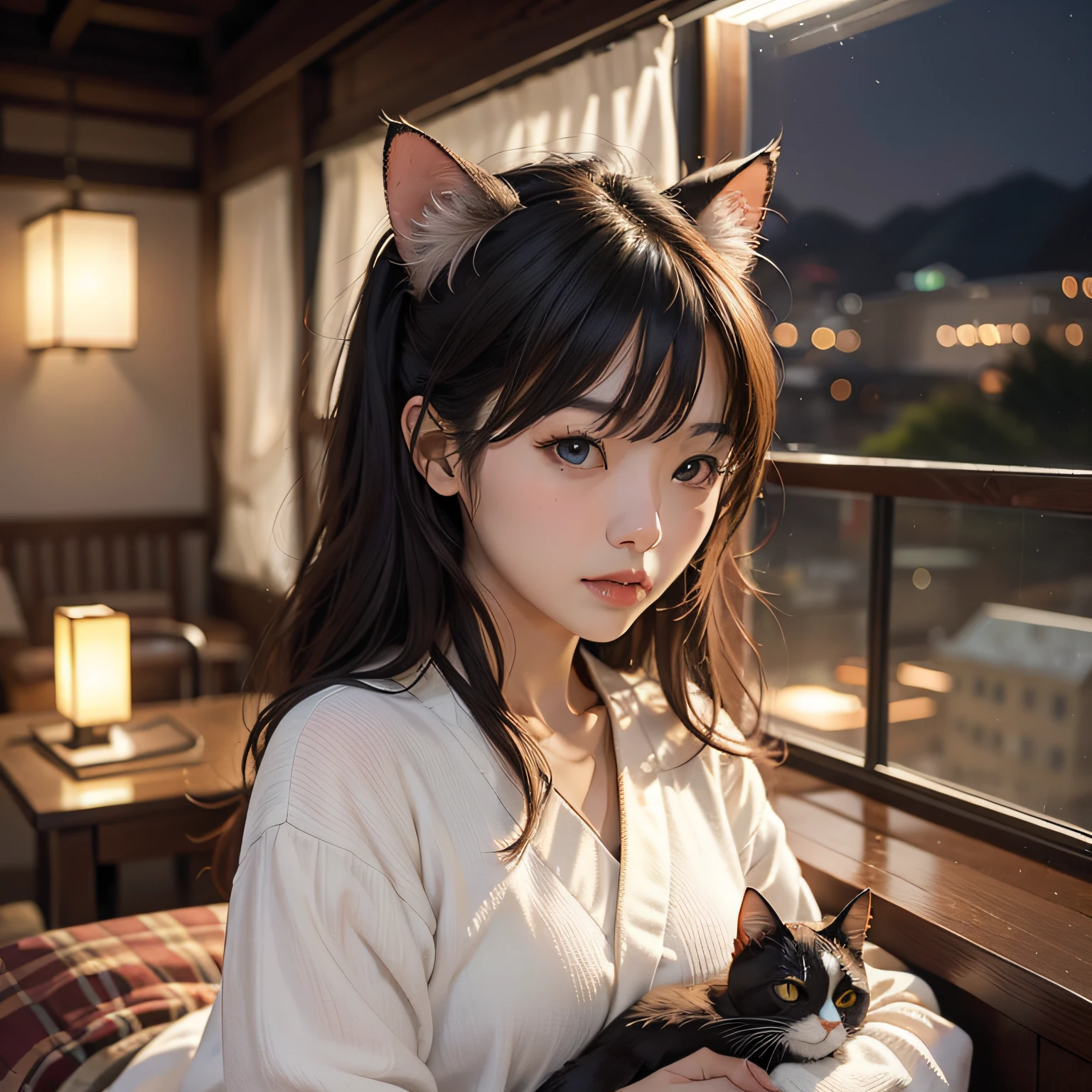 A Japanese Lady、20 generations of beauties、Negrigier exterior、Bust: 90cm、Bedroom at night、domestic cat
