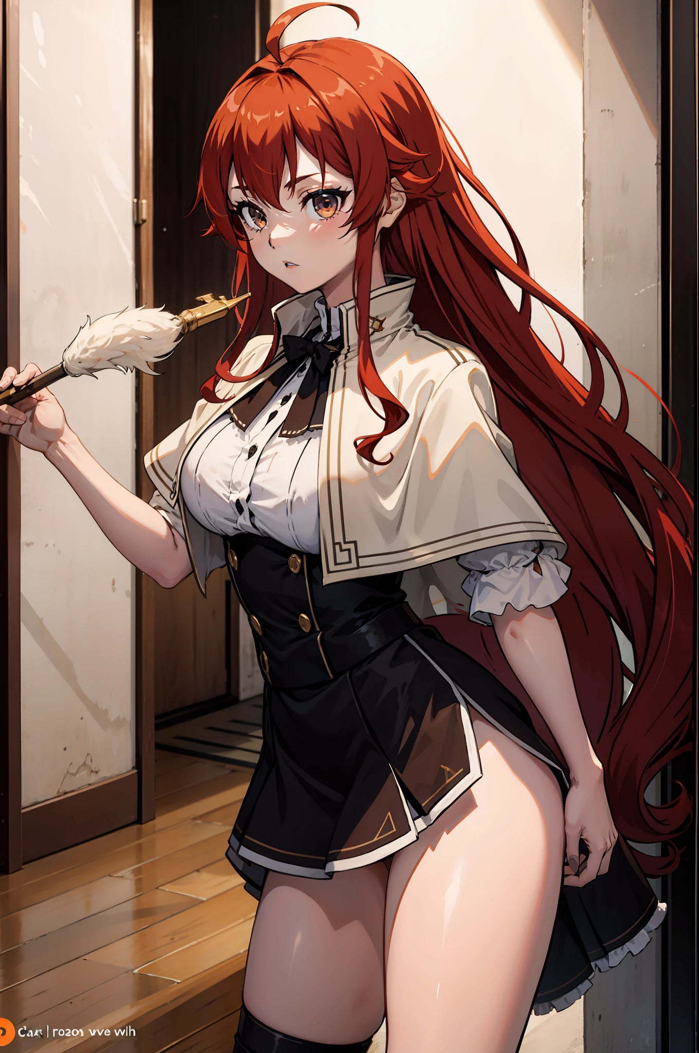 parte superior do corpo, 1girl, Eris Greyrat, cabelos ruivos, olhos vermelhos, ahoge, faixa de cabelo, capelet, casaco, luvas, (obra-prima: 1.2), highres, melhor qualidade, 8k, muito claro, sexy, biquini, espada, mostrando a bunda, bunda empinada, calcinha floral