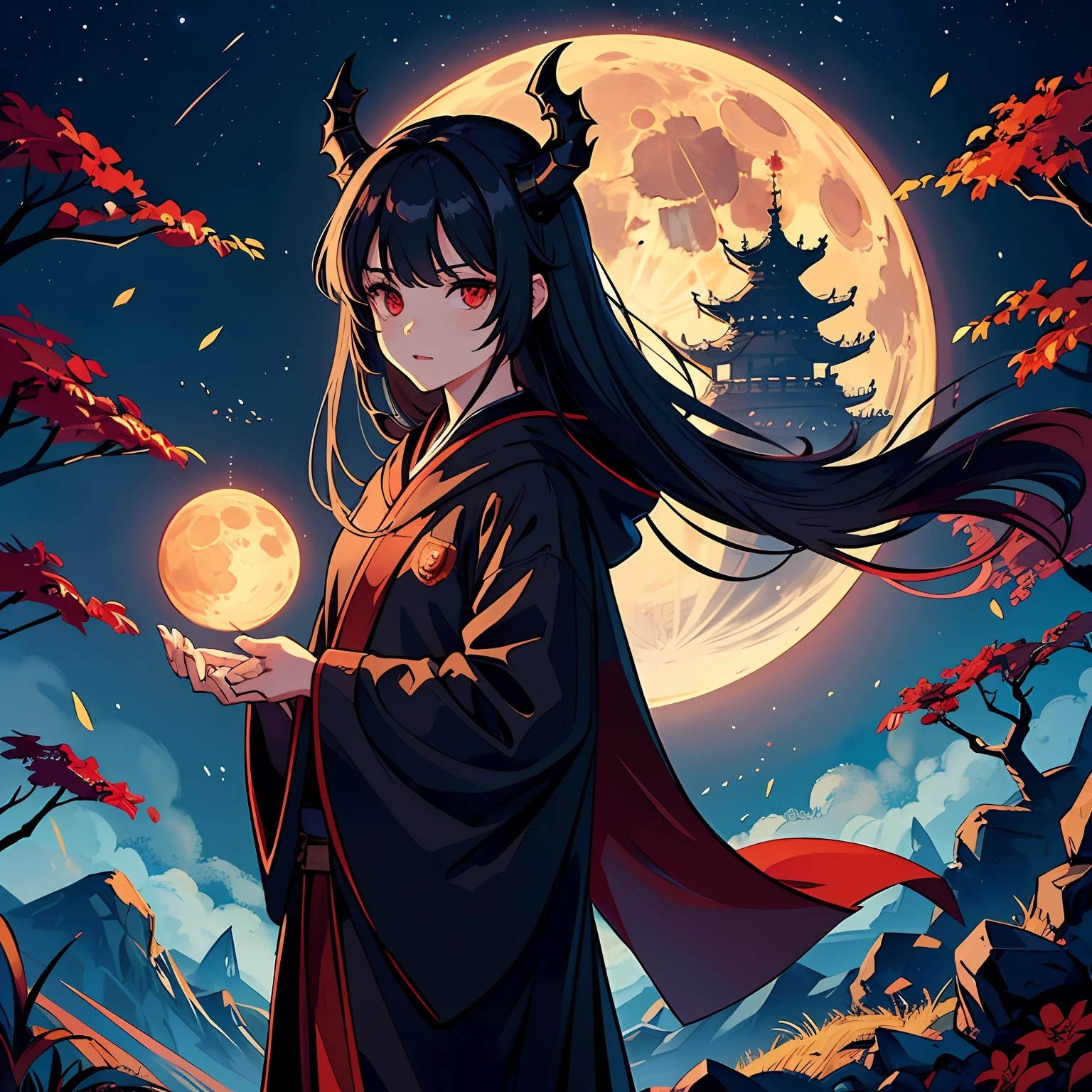 Under the moonlit night，teens girl（red eyes：1.2），burial site，smooggy，Have fun，Medium scene，themoon，1人，16 yaers old，He wears a black robe with a golden dragon pattern，Chinese --auto