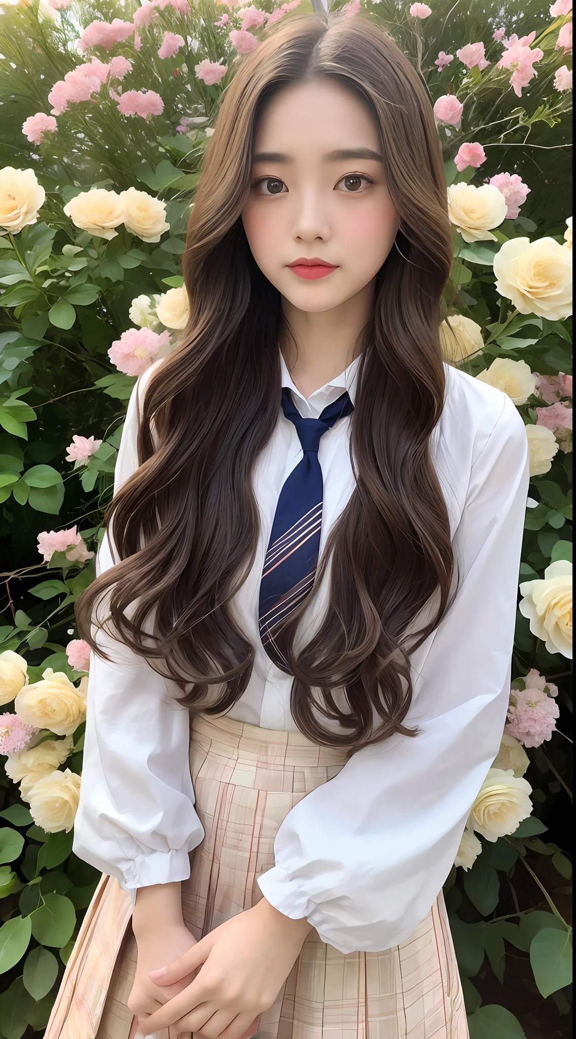 schoolgirls,Long hair wavy curls,largeeyes,二重まぶた,Willow eyebrows,Goose egg face,light make-up,long skirt,laughingly,Hold the book,Stand inside a sea of flowers