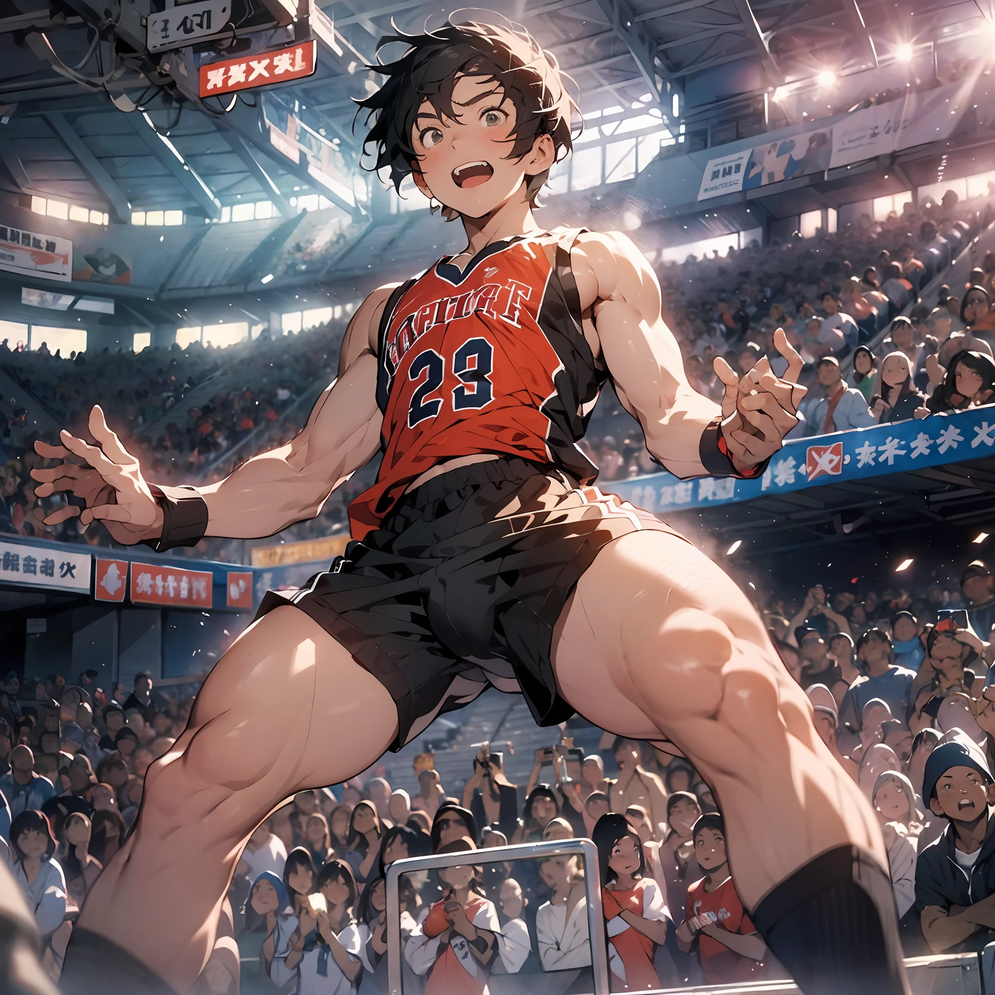 boy,basketball suit,Solo,Stadium,No clothes on,jumpping,first person perspective, Abs,Acts of pursuing pleasure,climaxing,,8K,Cinematic lighting effects,Textured skin,best qualtiy,Storytelling images,Storytelling images,dynamic blur,actionpose