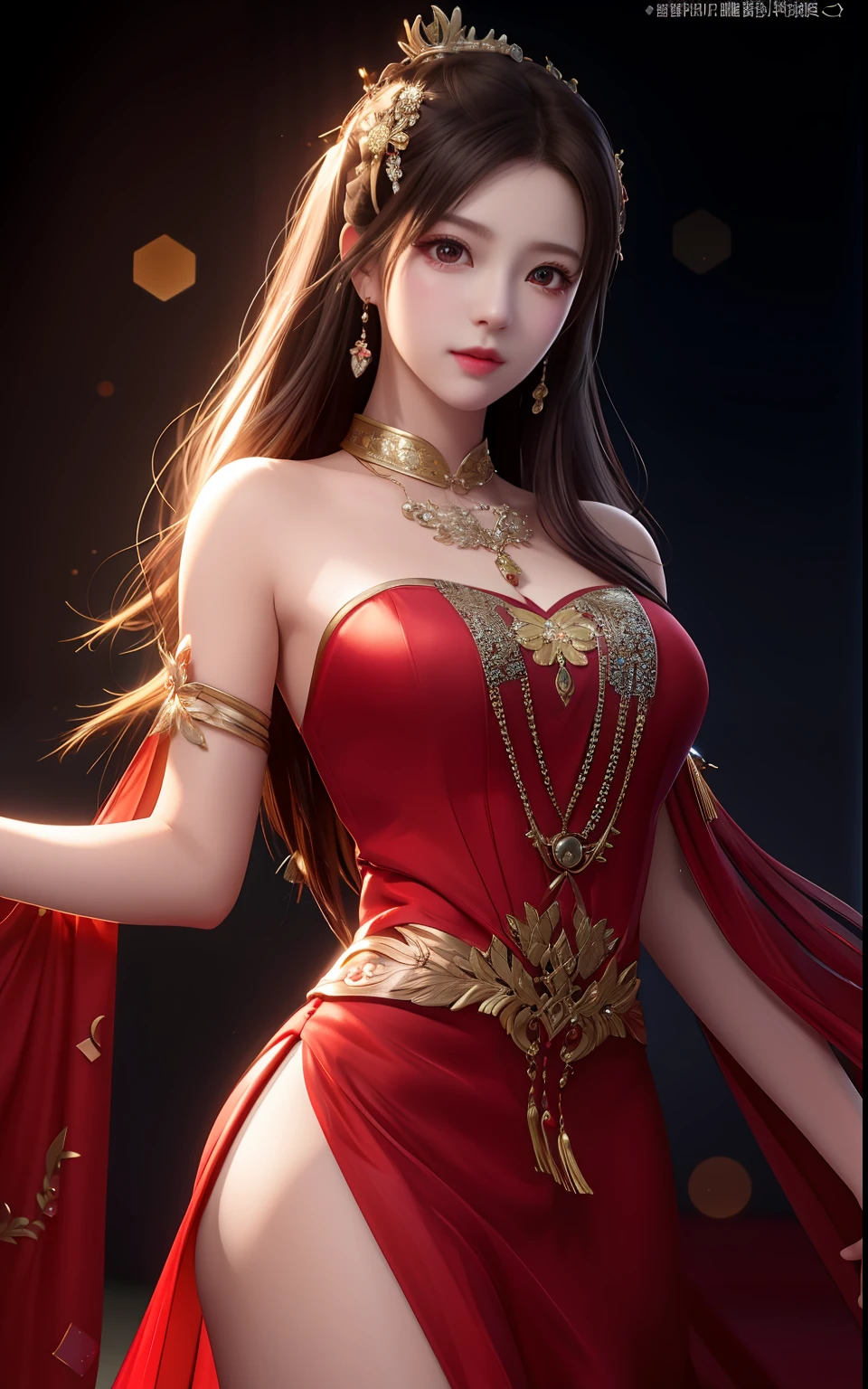 Close-up of a woman in a long red dress，beautiful and seductive anime woman，Beautiful queen，inspired by Du Qiong，Seductive portrait of Tiphalok Hart，（（A beautiful fantasy queen）），Seductive anime girl，Beautiful anime girl，Charming Tiffalok Hart，beautiful avatar picture, mai shiranui，Lady in red armor，tifa,（underdressing:1.2），photograph realistic，Show on the_body，Tyndall effect，真实感，Dark studio，edge lit，bicolor lighting，（highdetailskin:1.2）,8k ultra high definition，dslr，softlighting，high qulity，volumettic light，sneak shot，photore，A high resolution，4k，8k，Background bokeh，