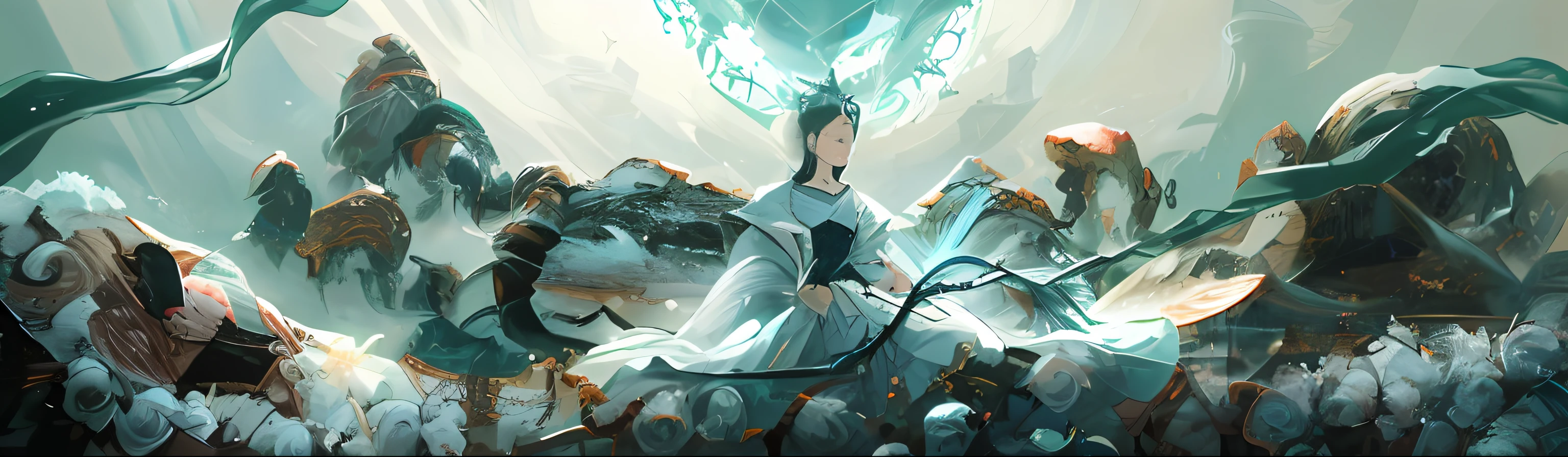 A girl sits in a bush of thorns, Simple colors,cyan colors,greys,white colors,Some red accents
