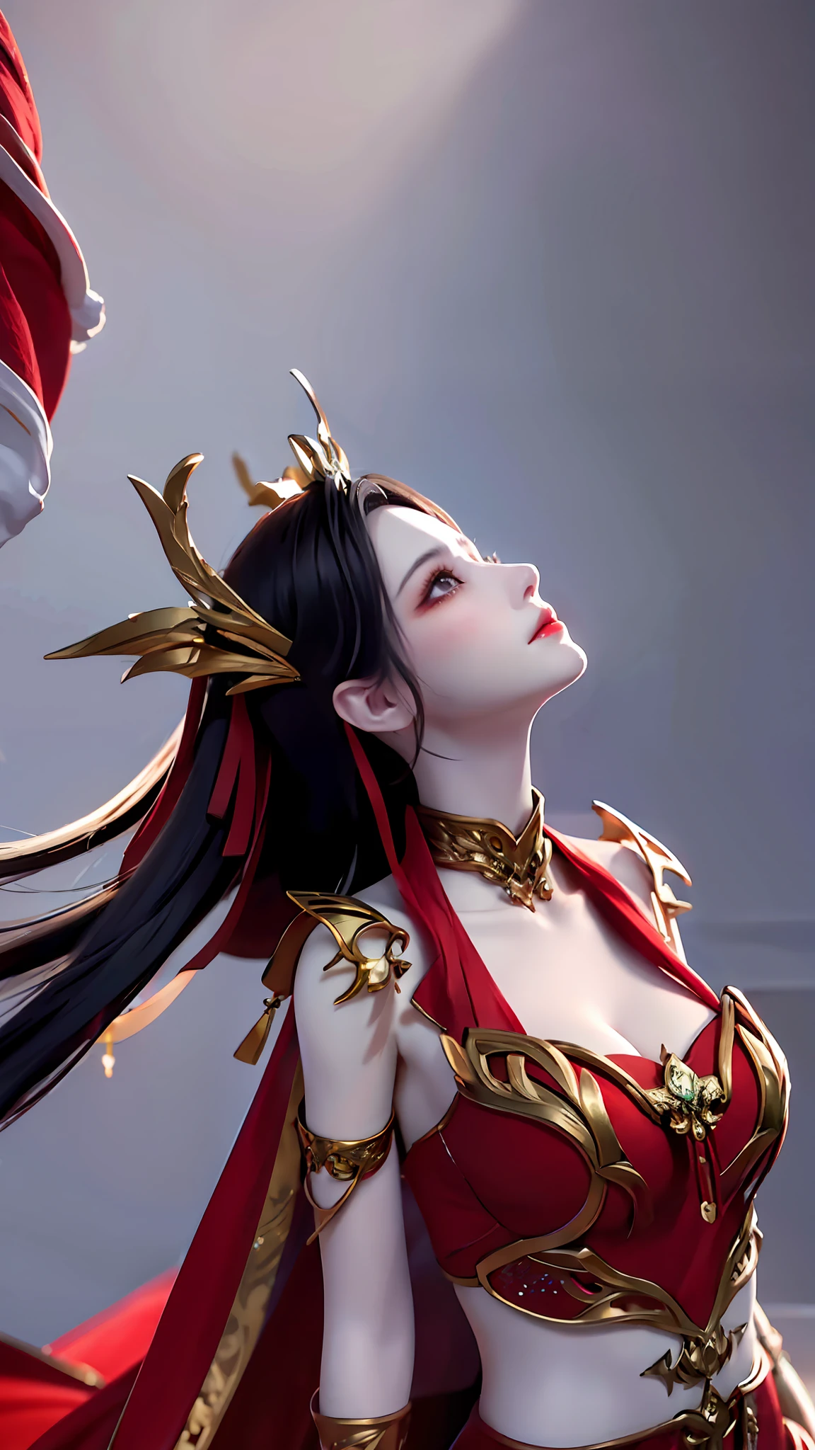 Excellent, masterpiece, black hair, red dress, looking up, upper body, hair, fair skin, emanation, red theme, skirt