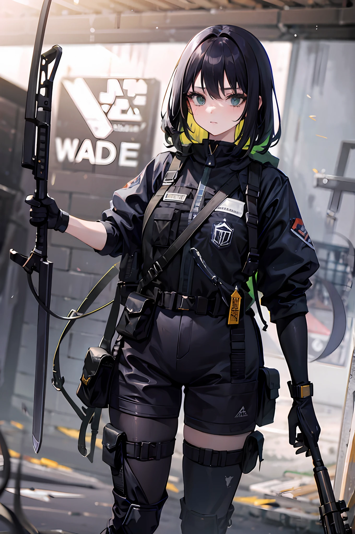 {{masterpiece、top-quality、Dynamic high-definition CG、8k wallpaper、Cinematographic lighting、lensflare}}、Girl Shooting Rifle、Wide View、FULL BODYSHOT、thick body、long Brond Hair、green colored eyes、(Holding weapons、holding rifle、aim:1.4)、guns、h&K HK416、carbine、open fire、opening fire、(One girl soldier aiming a huge rifle)、24 year old、Teeth are protruding、Special Forces、Knee shooting、Indigo Color Combat Suit、SLR、(EF24-70mm F2.8L II USM)、Cowboy Shot、Fight against undead masses
