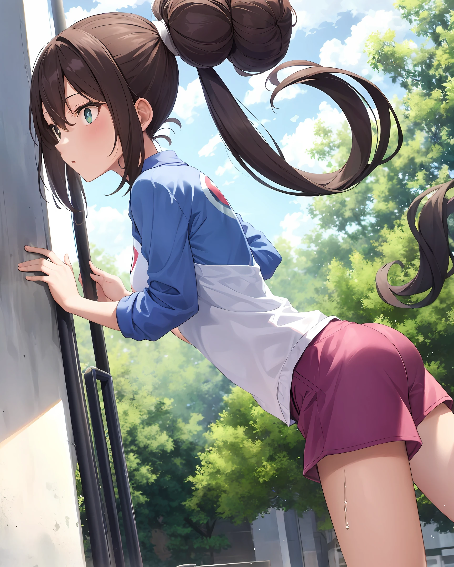 1 girl, solo, running, Gray Track Top, pink shorts, ponytail, athletic build, dynamic brushstrokes, fluid movement, capturing the essence of her athleticism and energy, using light colors and soft tones to create a dreamy and ethereal atmosphere, portraying the motion and grace of running, showing the wind blowing her ponytail and clothes, and the scenery of her surroundings.
outdoors, detailed background, Modern metropolis,