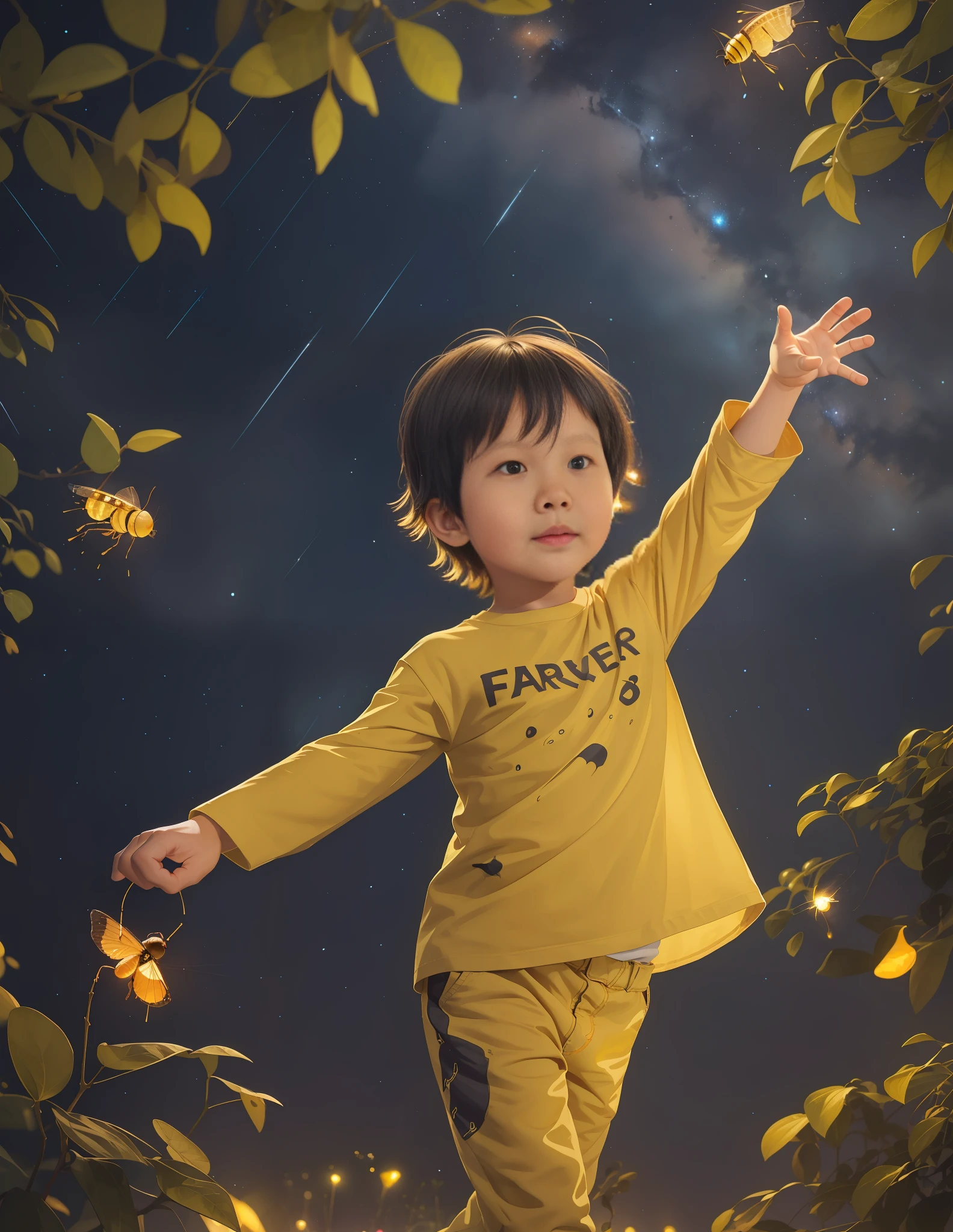 Fireflies flying in a square, visto ao longe,A happy 5 year old boy in a T-shirt plays with fireflies around him, Night sky, (glowworm), (Detailed face), (8K illustration), (Best quality) (Intricate details) (8K) (Night sky)