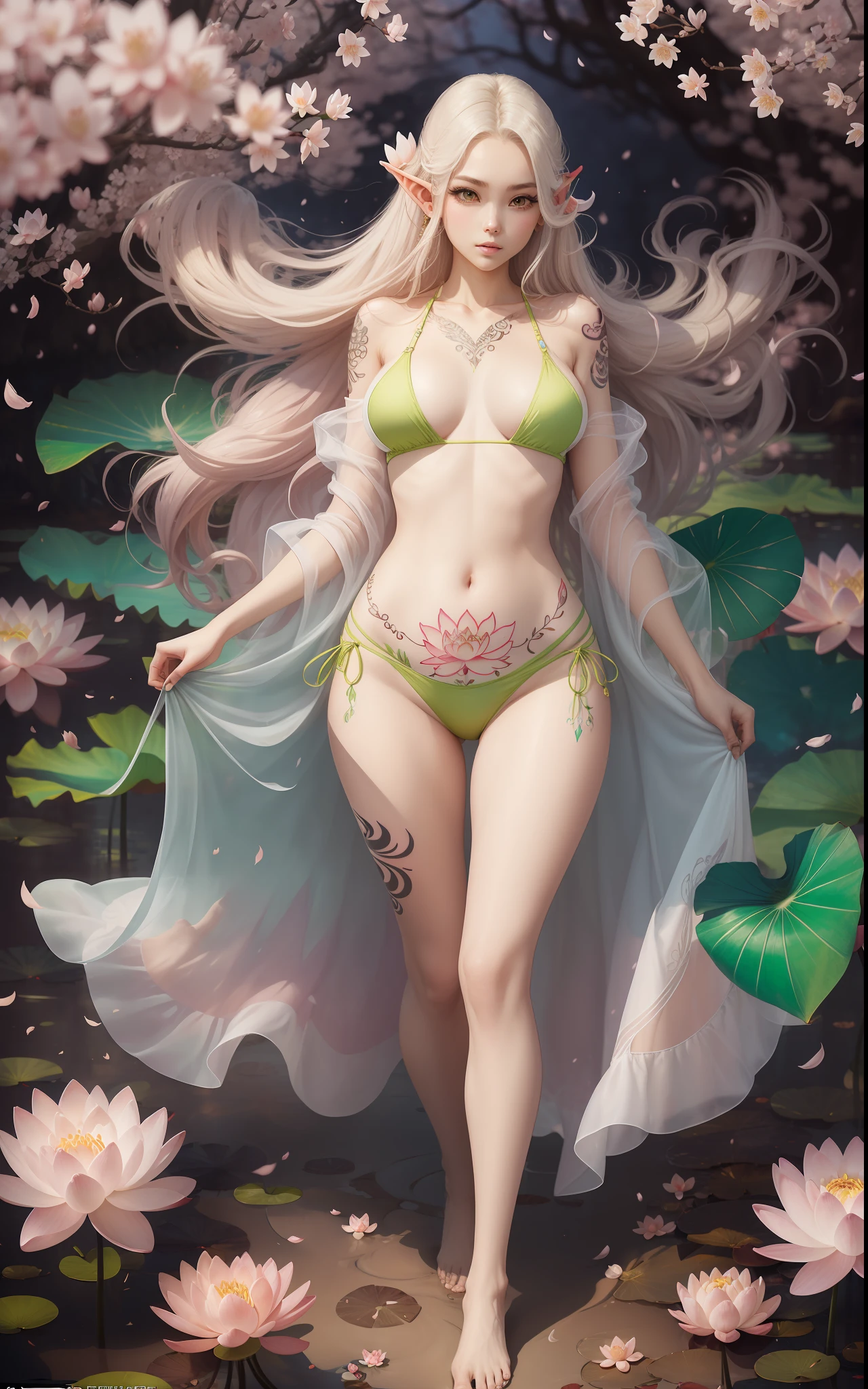 White elf tattoo,There is a big fluorescent green lotus tattoo on the chest,The clothes are ultra-thin and ultra-transparent,bathing,Long legs,Barefoot,whaite hair,Long hair,Single horsetail,Face straight ahead,Open crotch clothing,The chest is extra-large,Raised D cups,nakeness,The top cloth strip is bare,Cherry blossoms with phosphor tattooed on the big belly,Obscene lines