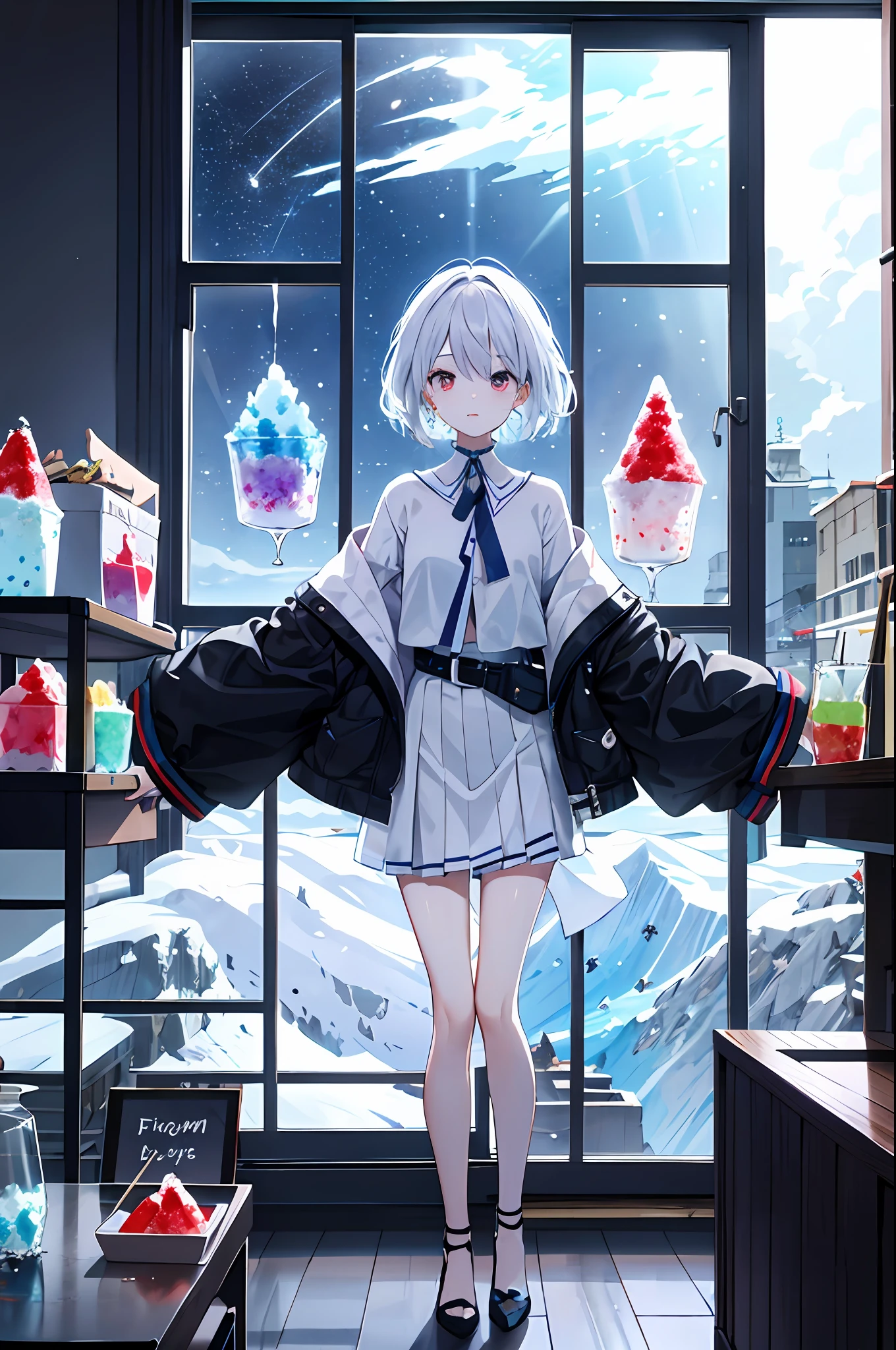 infp young woman.Take in the scenery outside the window,window,firmament,Beautifully shaped shaved ice,high-level image quality,Cool clothes