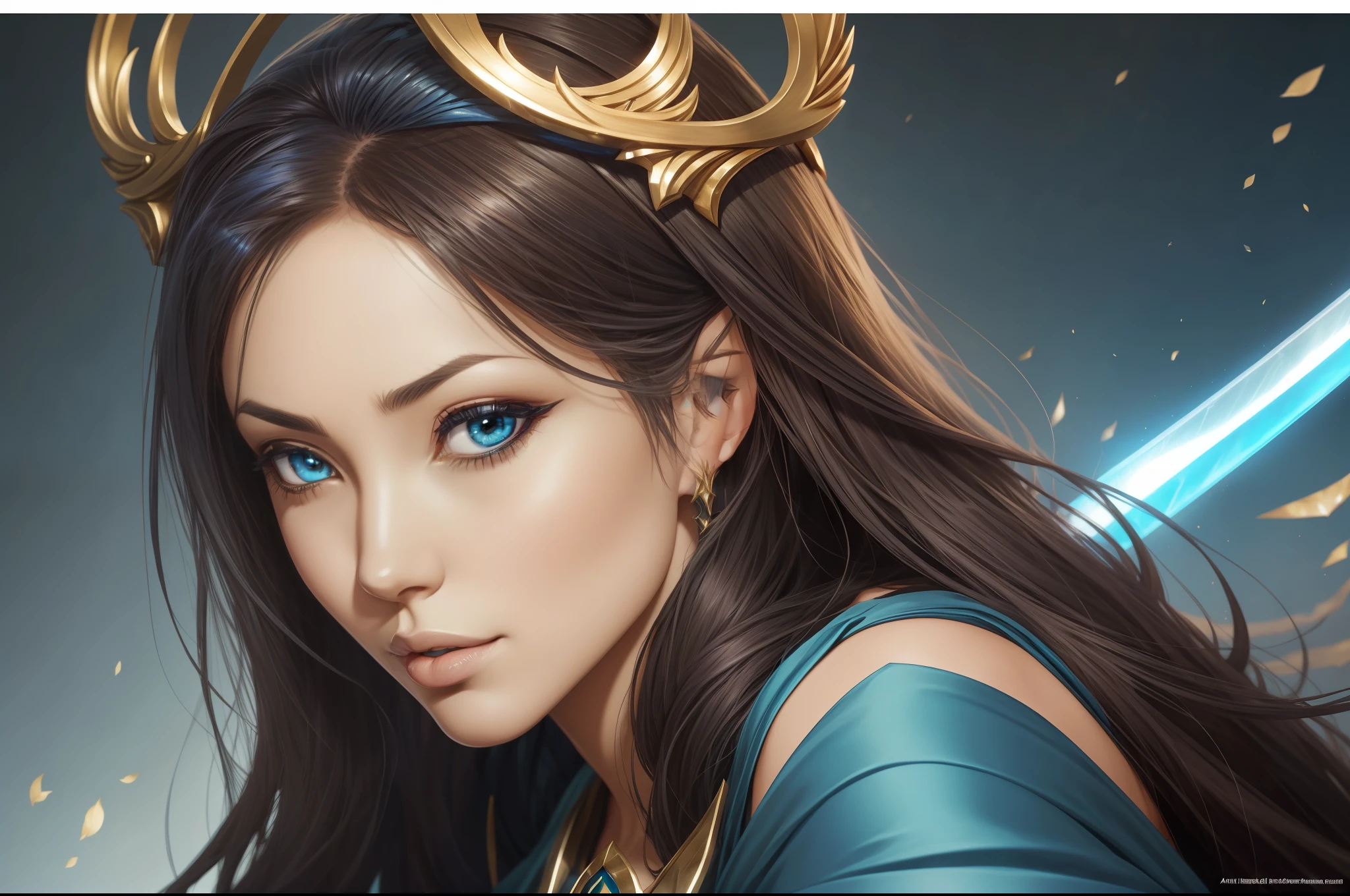 a close up of a woman in a blue dress with a sword, extremely detailed artgerm, irelia, ig model | artgerm, ! dream artgerm, ahri, style artgerm, inspired by Lan Ying, artgerm detailed, artgerm style, artgerm lau, seraphine ahri kda