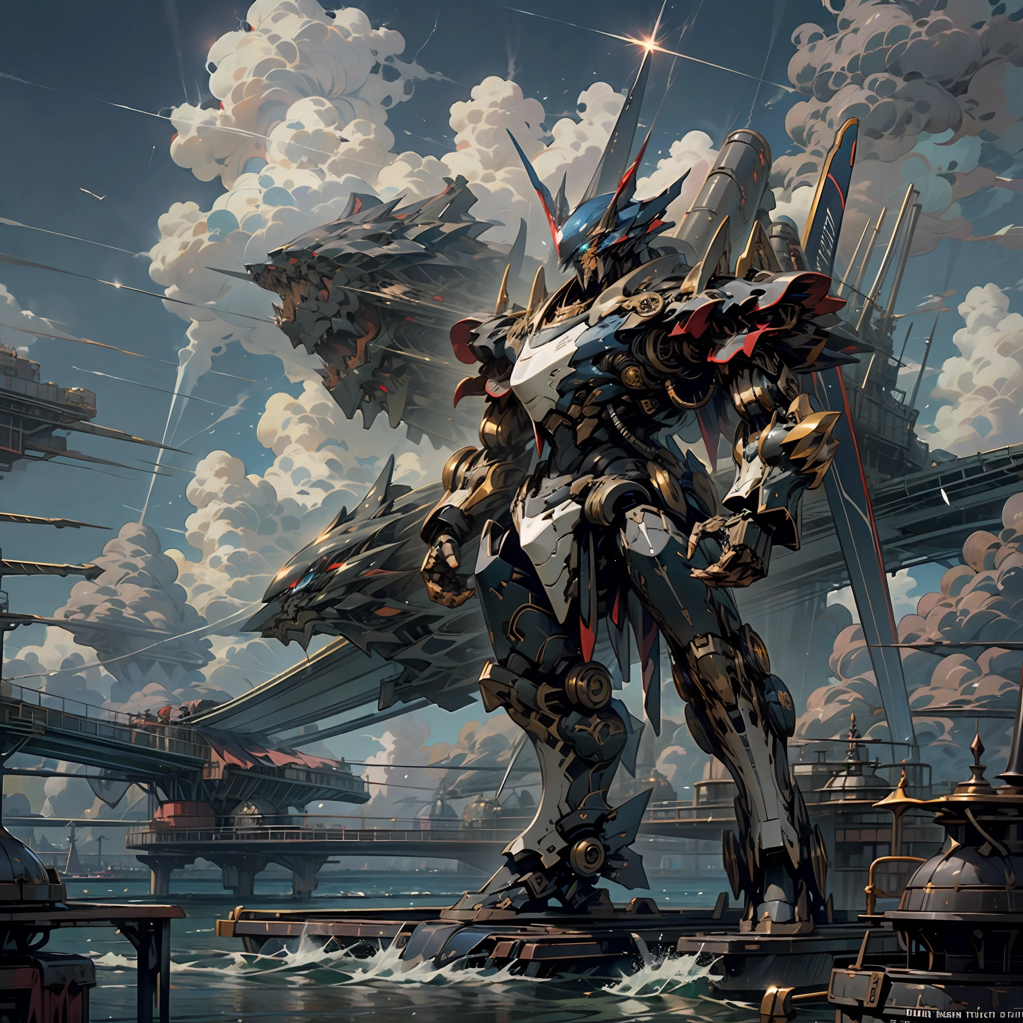 aircraft carriers,giant mecha,Dark gray body,blue breast armor,Red head,blue color eyes,Cannon in hand,Standing in the sea,the sky with clouds,Lightning of the view, --auto