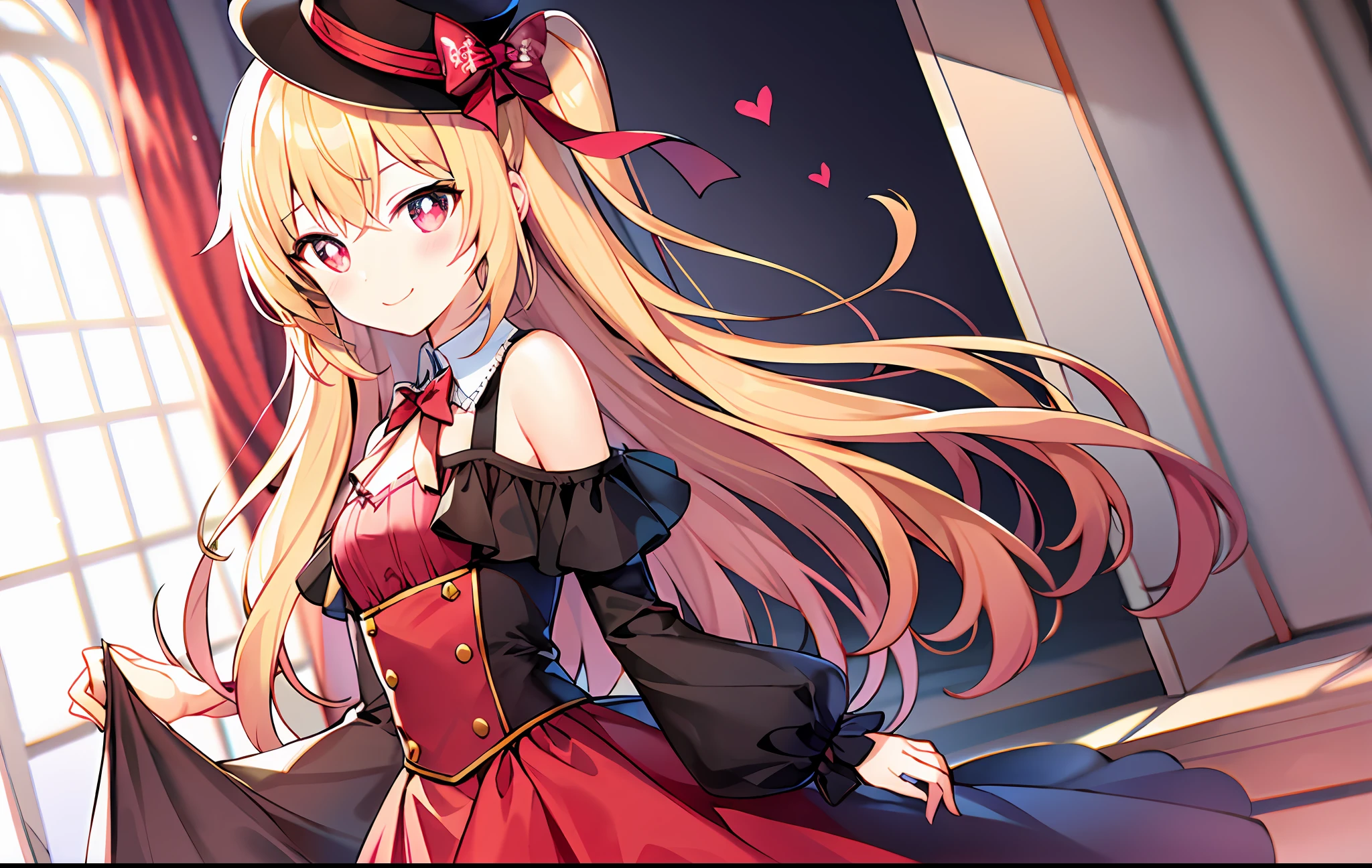 1girll, The hair is blonde，And the hair is longer，There is a bow at the back of the hair, There is a flat hat on the head，The hat has a red five-pointed star，Soft red eyes，But there are heart-shaped pupils, Blush, harm smile, Wear high school girls' clothes，There is a bow on the back of the dress,make it like tarot anime-style but no frame，