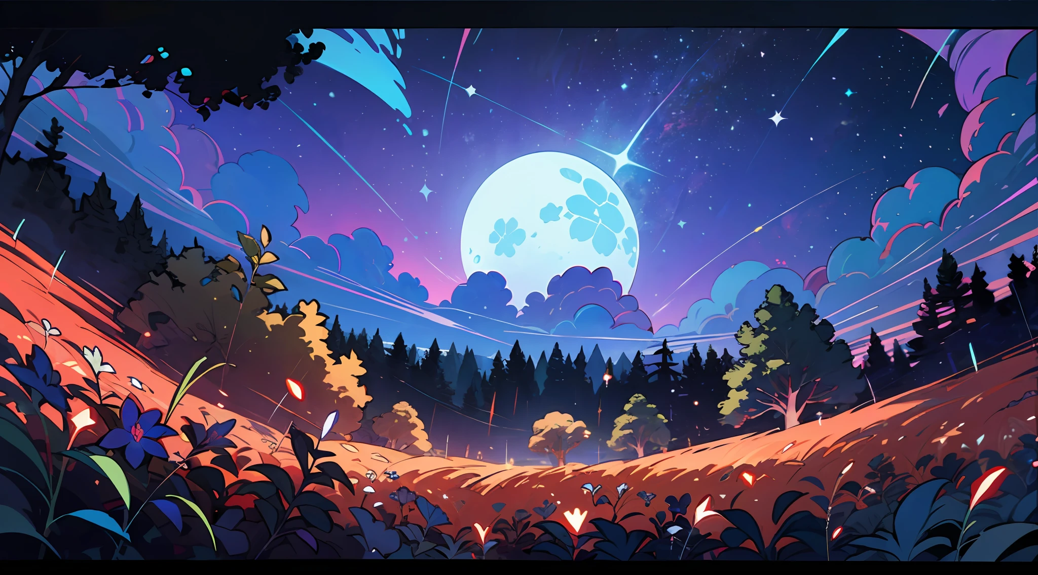 fotografia de paisagem expansiva , (a view from below that shows the sky above and open field below), a girl standing on flower field looking up, (lua cheia:1.2), (estrelas cadentes:0.9), (nebulosa:1.3), montanha distante, BREAK tree production art, (fonte de luz quente:1.2), (Firefly: 1.2), bulb, lote de roxo e laranja, detalhes intrincados, volumetric lighting BREAK (obra-prima:1.2), (melhor qualidade), 4k, ultra-detalhado, (dynamic compositing: 1.4), detalhes coloridos altamente detalhados.