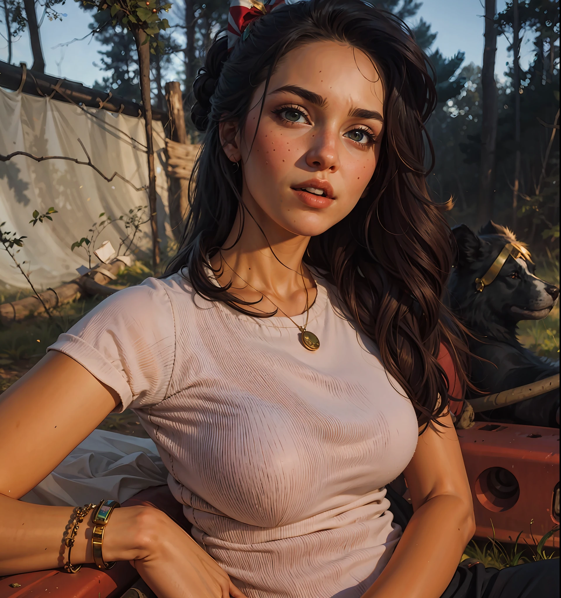 a hyper-realistic portrait of a young woman, under a tree, inside a forest, in the middle of nature, 22 years old, realistic, (lying on her side), sexy, (huge breasts 2:1), short brown hair, (hair tied with bows), curved, SFW