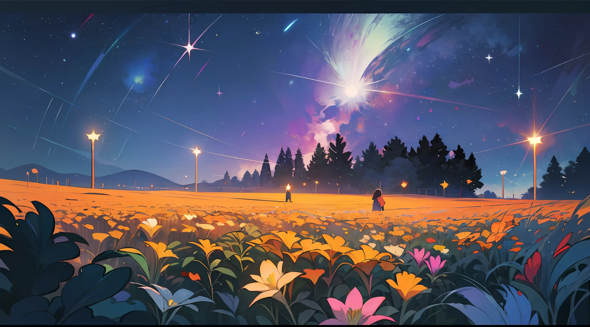 fotografia de paisagem expansiva , (a view from below that shows the sky above and open field below), a girl standing on flower field looking up, (lua cheia:1.2), (estrelas cadentes:0.9), (nebulosa:1.3), montanha distante, BREAK tree production art, (fonte de luz quente:1.2), (Firefly: 1.2), bulb, lote de roxo e laranja, detalhes intrincados, volumetric lighting BREAK (obra-prima:1.2), (melhor qualidade), 4k, ultra-detalhado, (dynamic compositing: 1.4), detalhes coloridos altamente detalhados.