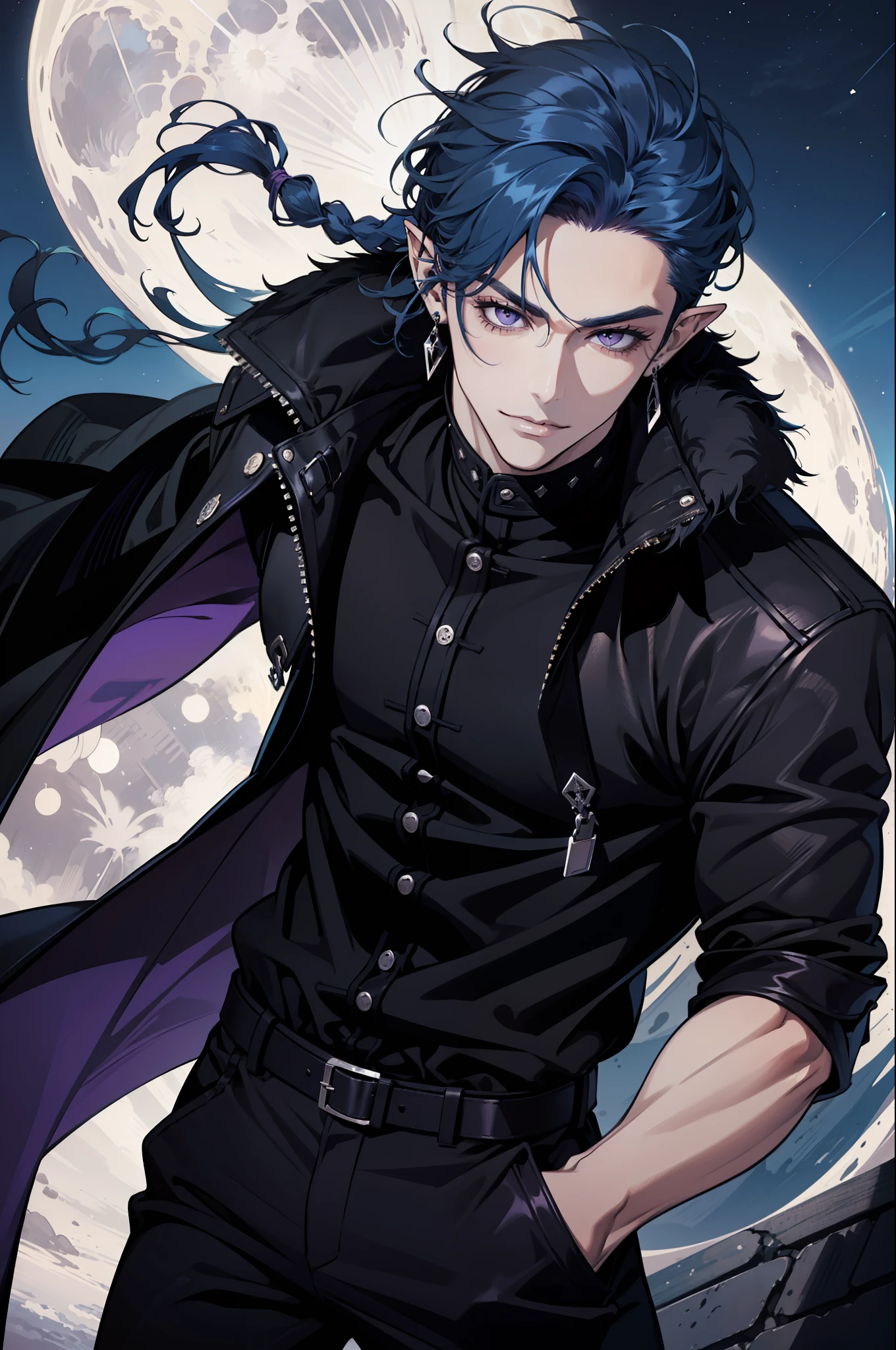 (absurdres, highres, ultra detailed), 1man, 30 years old man, adult man, handsome, tall, finely detailed eyes and detailed face, leather pants, (((black clothes))), night, smile, dutch angle, ((short hair, blue hair)), moon, silver details, gothic, incubus, simple clothes, looking at the view, pale skin, purple detailed eyes, (masculine), (((long bangs))), detailed hands, (((purple eyes))), (bad boy), (muscles), smirk, defined muscles, braid, ((angular face, masculine face)), elf ears, piercings in ears, ((black furr coat)), attractive man