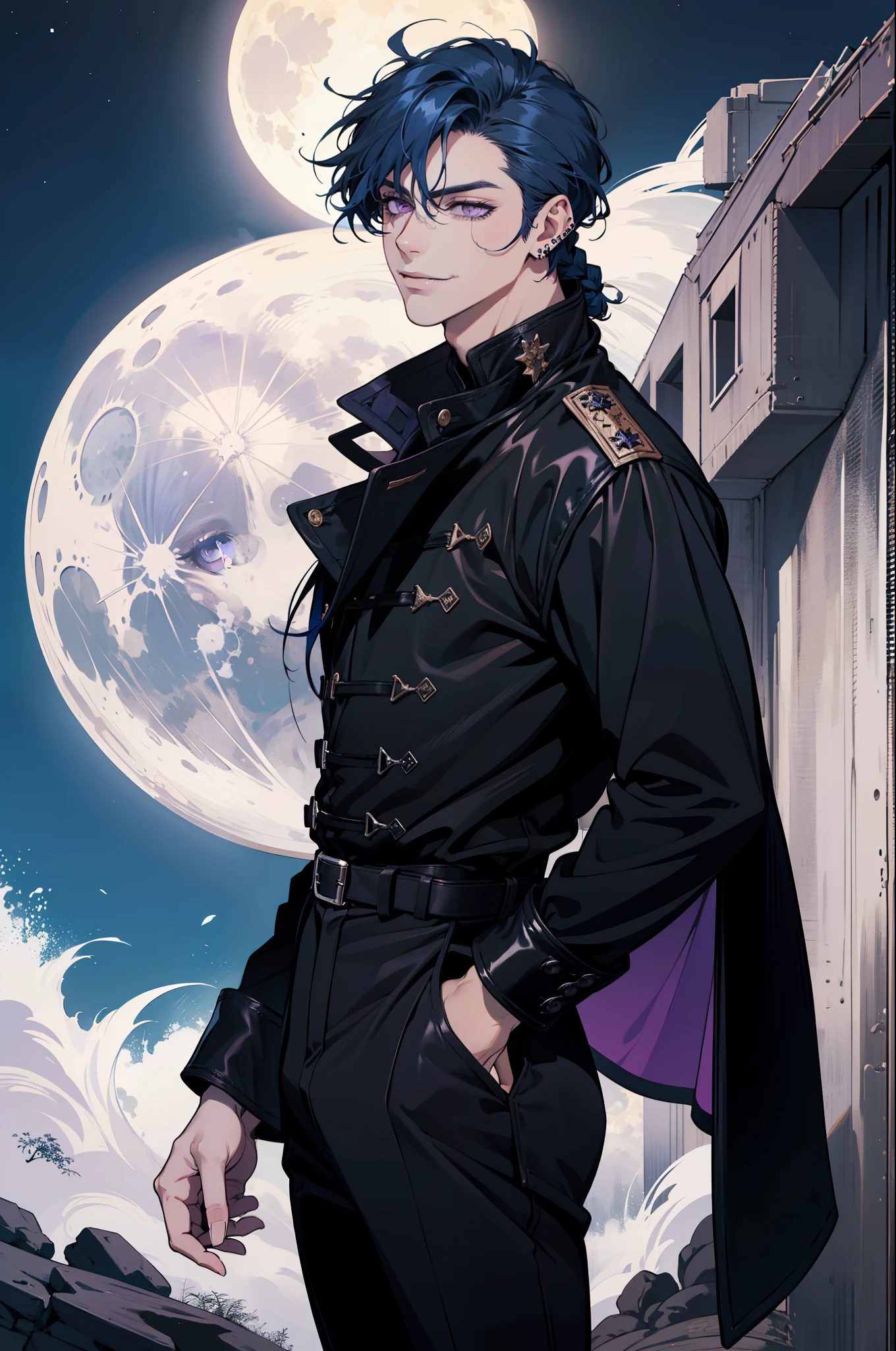 (absurdres, highres, ultra detailed), 1man, 30 years old man, adult man, handsome, tall, finely detailed eyes and detailed face, leather pants, (((black clothes))), night, smile, dutch angle, ((short hair, blue hair)), moon, silver details, gothic, incubus, simple clothes, looking at the view, pale skin, purple detailed eyes, (masculine), (((long bangs))), detailed hands, (((purple eyes))), (bad boy), (muscles), smirk, defined muscles, braid, ((angular face, masculine face)), elf ears, piercings in ears, ((black furr coat)), attractive man